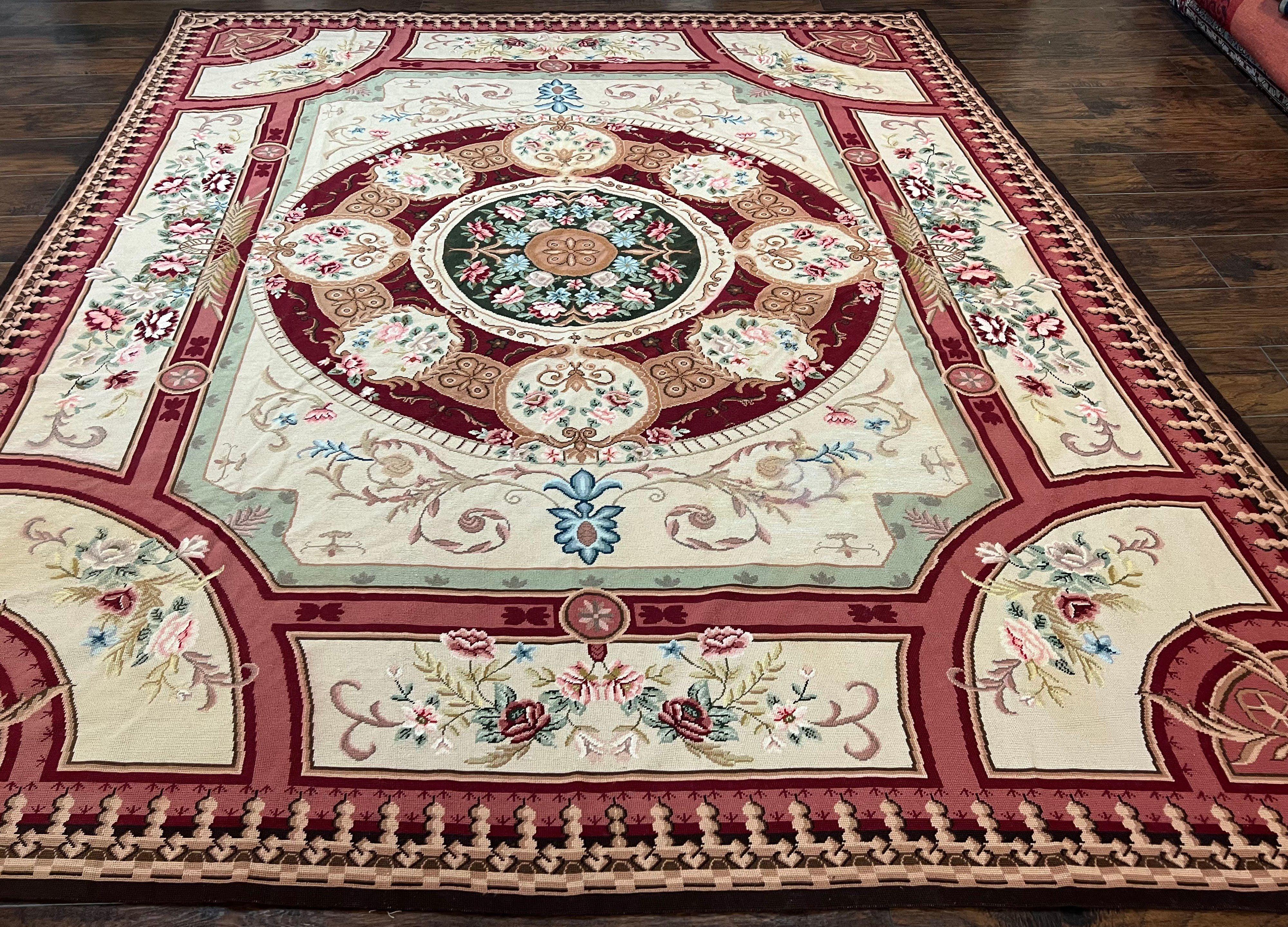 Needlepoint Rug 7.9 x 9, Beige Maroon Rose, Handmade Handwoven Flatweave Aubusson Savonnerie French European Elegant Carpet, Wool Rug - Jewel Rugs