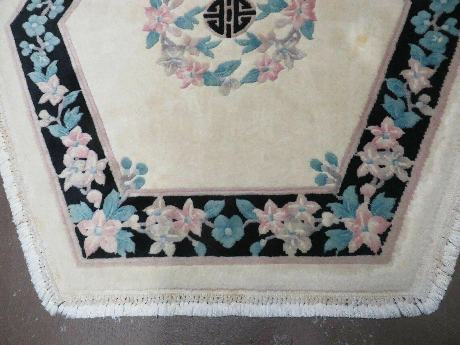 4' 7" X 4' 7" Vintage Handmade Chinese Floral Oriental Hexagon Wool Rug Carpet - Jewel Rugs