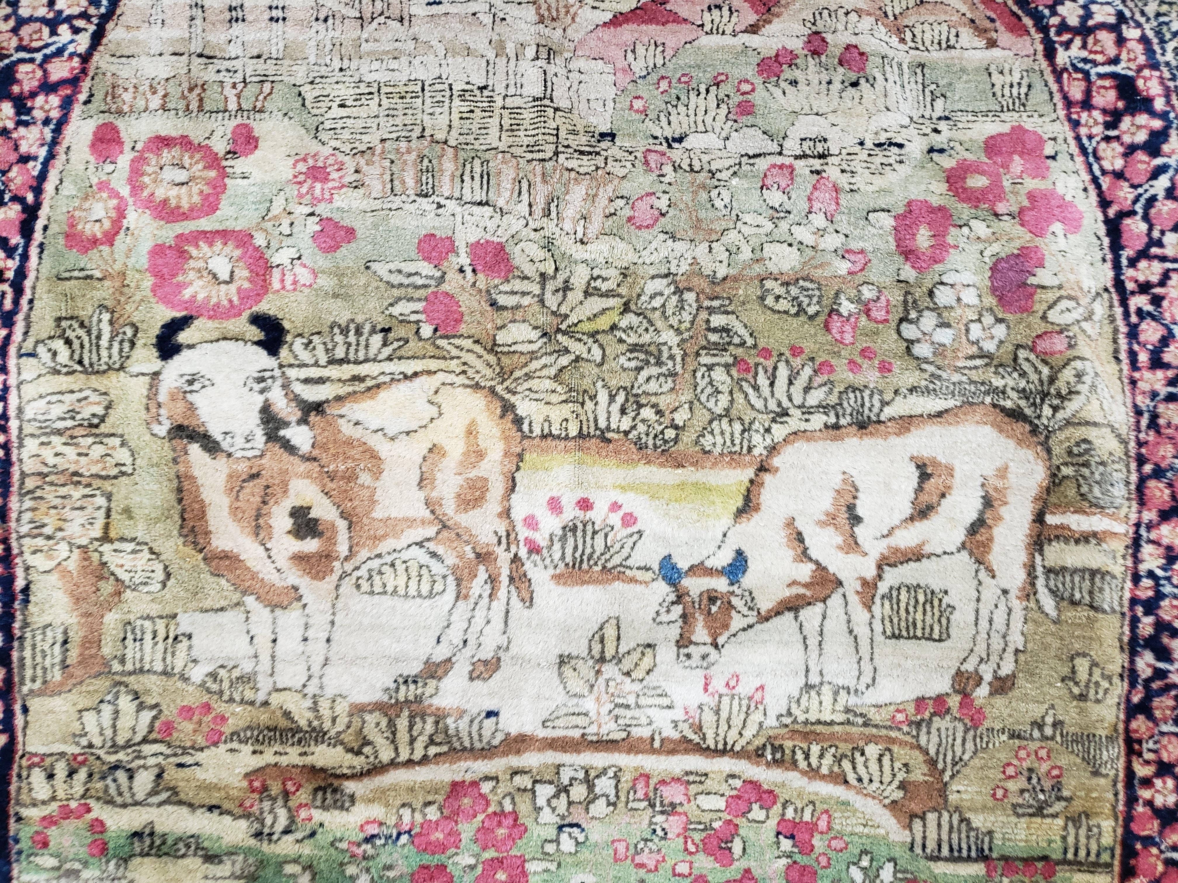 Antique Persian Kirman Rug 4.4 x 7.5, Highly Collectible, Late 19th Early 20th Century Rug, Millefleurs, Cows, Wool Hand Knotted, Pictorial - Jewel Rugs