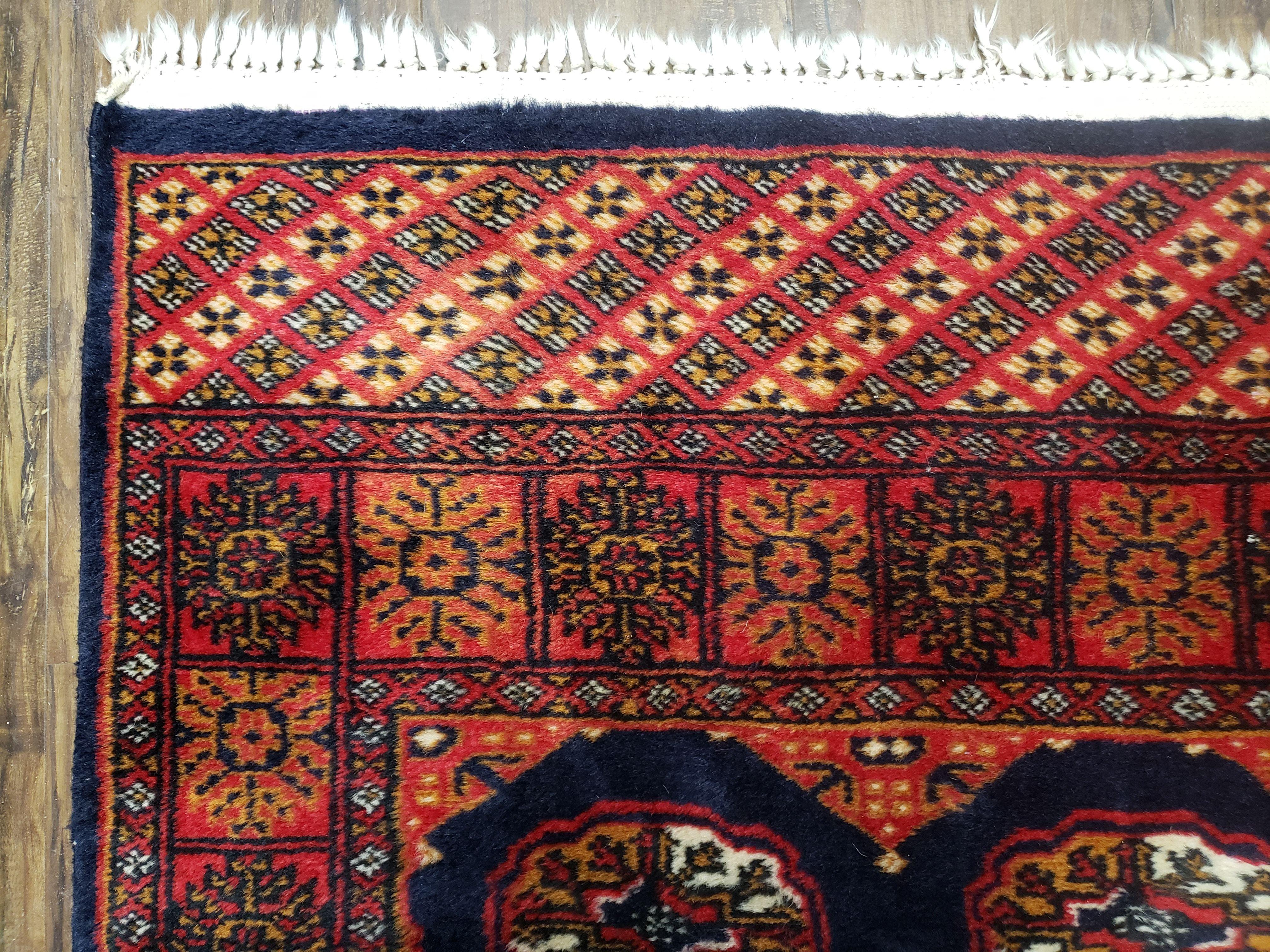 Vintage Turkoman Runner Rug, Hand-Knotted, Wool, Midnight Blue & Red, Oriental Runner, Turkmen Yamud Pakistan Rug 10ft Runner, 2'7" x 10' 3" - Jewel Rugs