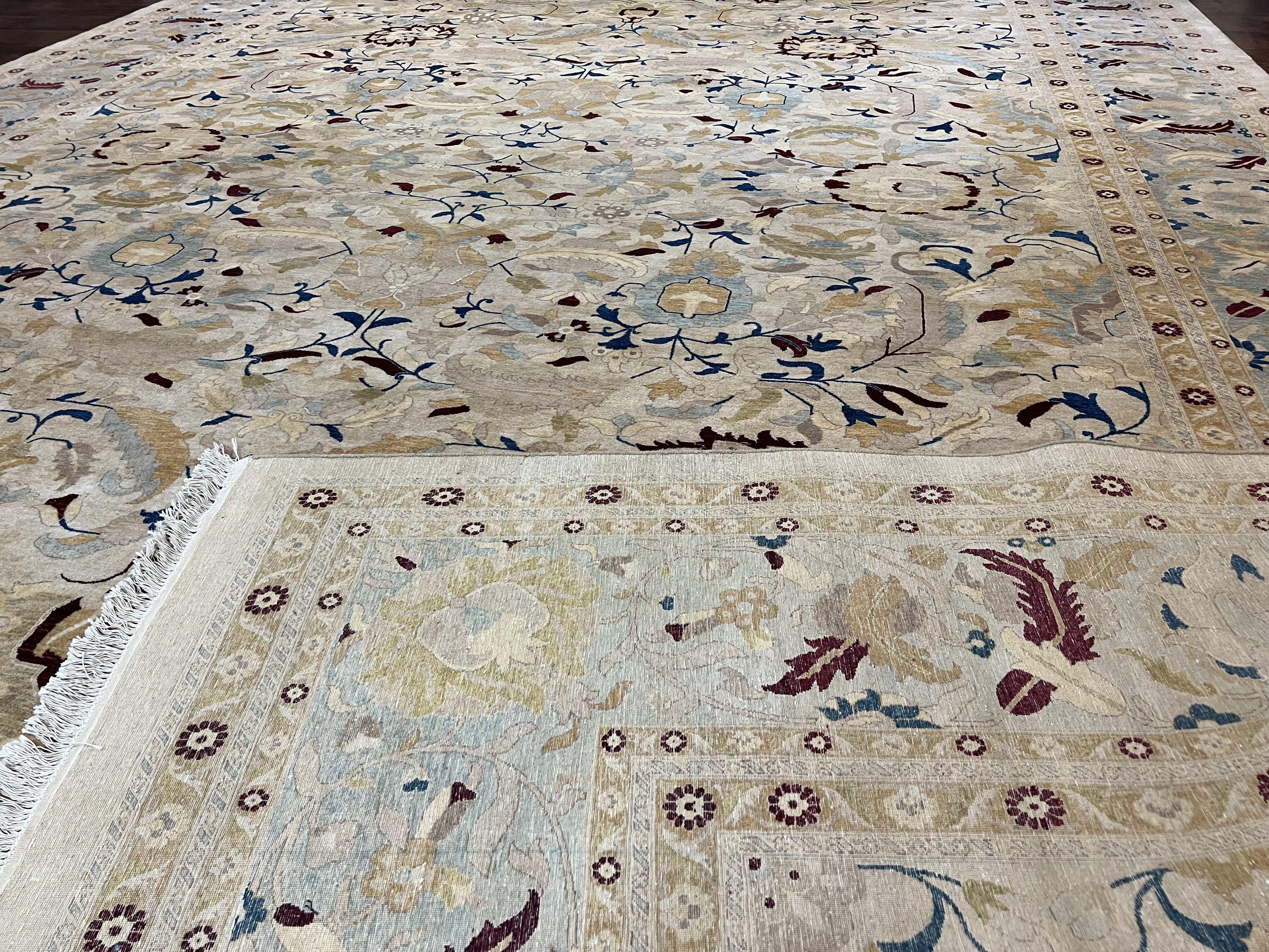 Beautiful Oversized Indian Oriental Rug 12x17 Palace Sized Handmade Wool Carpet, Indo Mahal Oushak, Indo Persian Rug, Oatmeal Light Blue Tan - Jewel Rugs