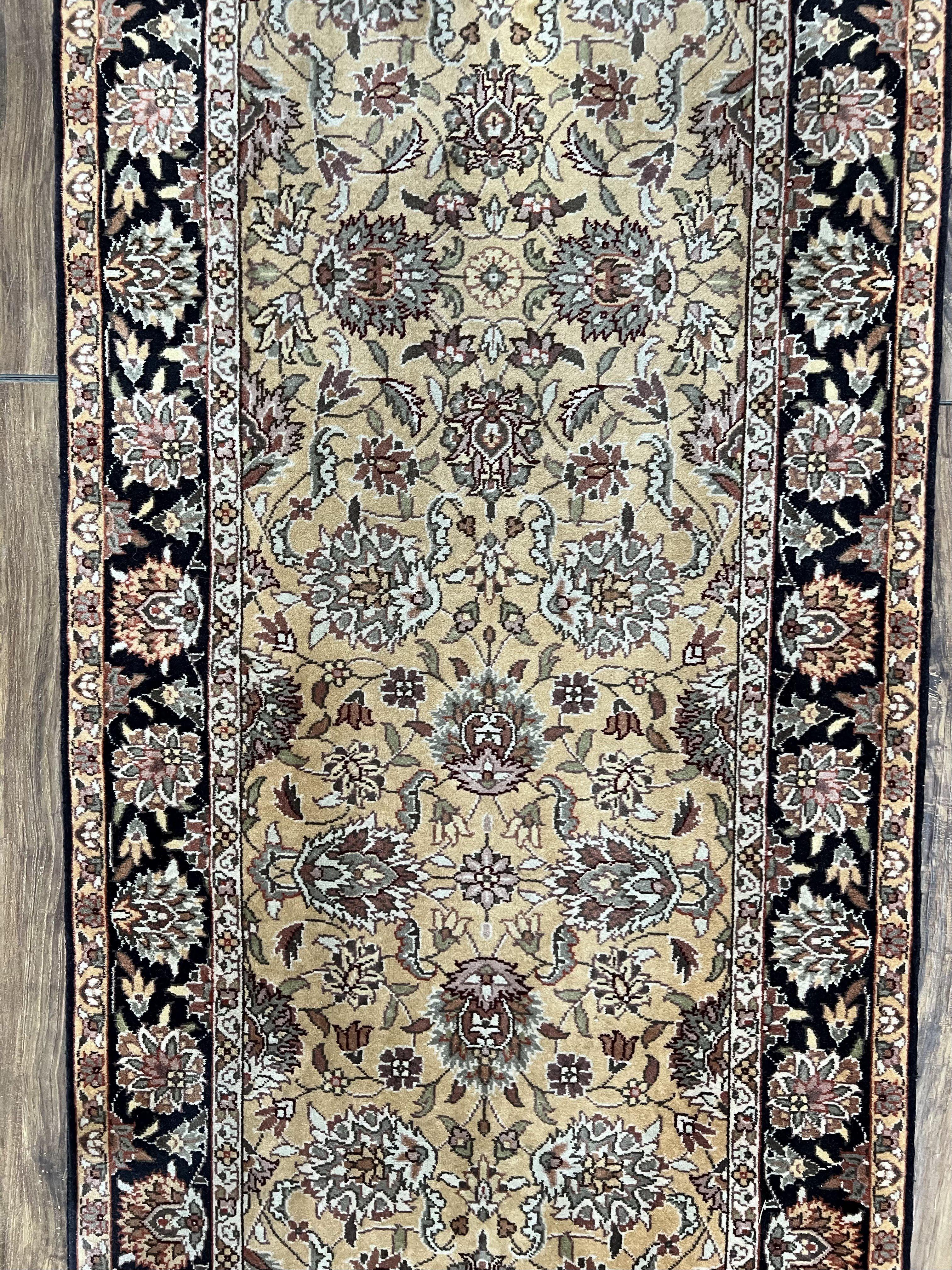 Sino Persian Runner Rug 3 x 10 ft Oriental Runner, Hand Knotted Vintage Hallway Rug, High Quality Wool 10ft Runner, Tan Black Allover Floral - Jewel Rugs