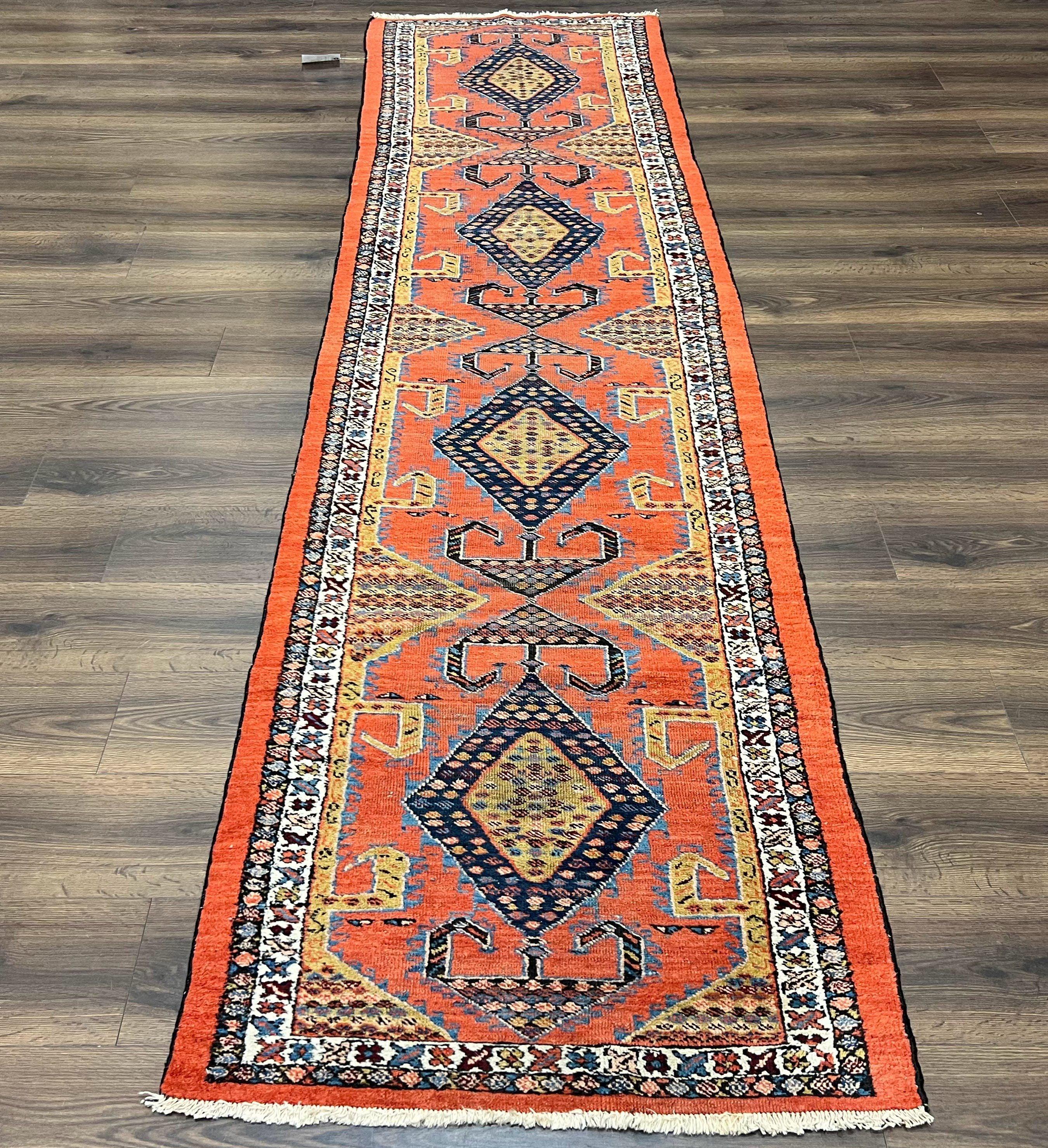 Rare Persian Tribal Runner Rug 3 x 11, Sarab Serab Persian Runner, Antique 1920s Collectible Geometric Medallions Oriental Wool Runner, Hand Knotted, Bright Orange-Red - Jewel Rugs