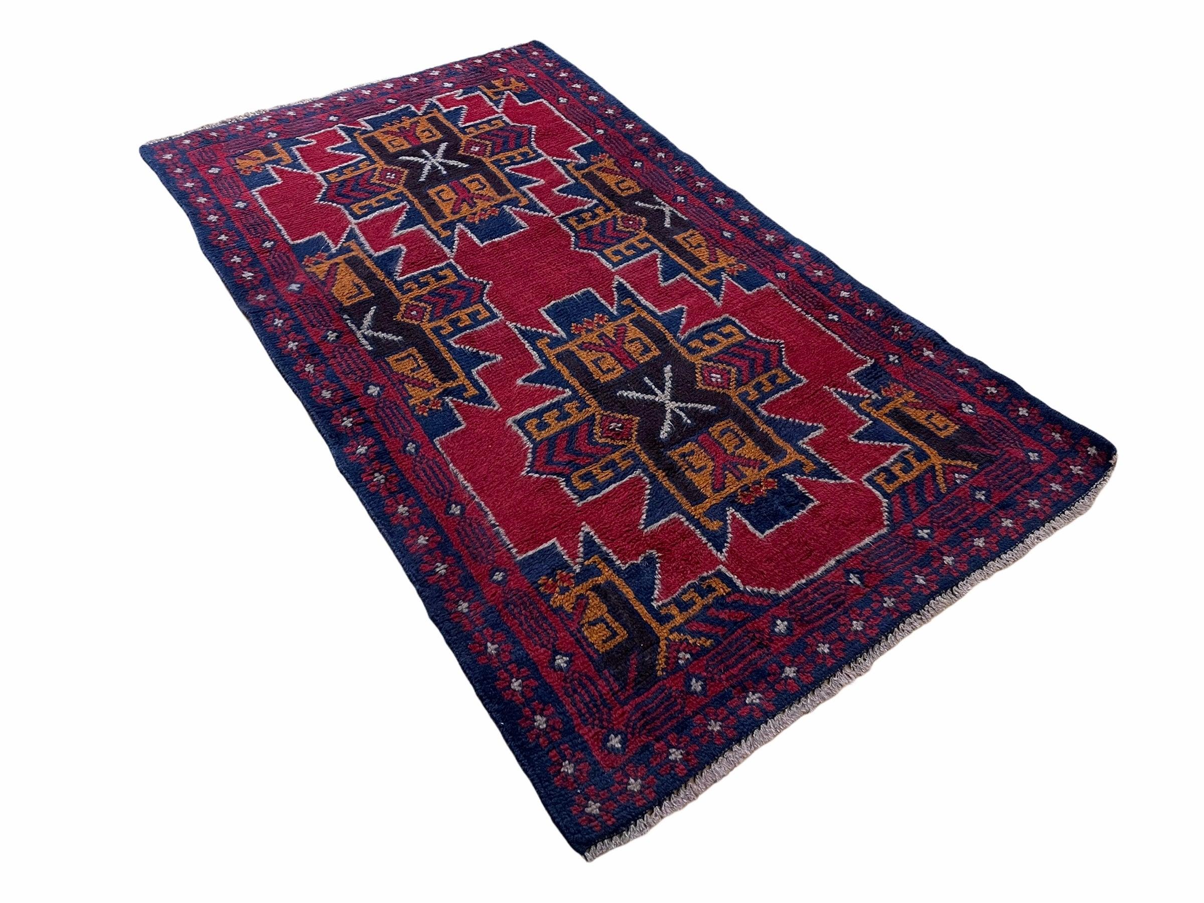 2' 8" X 4' 6" Vintage Handmade Tribal Wool Rug Balouchi Rug Afghan Rug Red Blue - Jewel Rugs