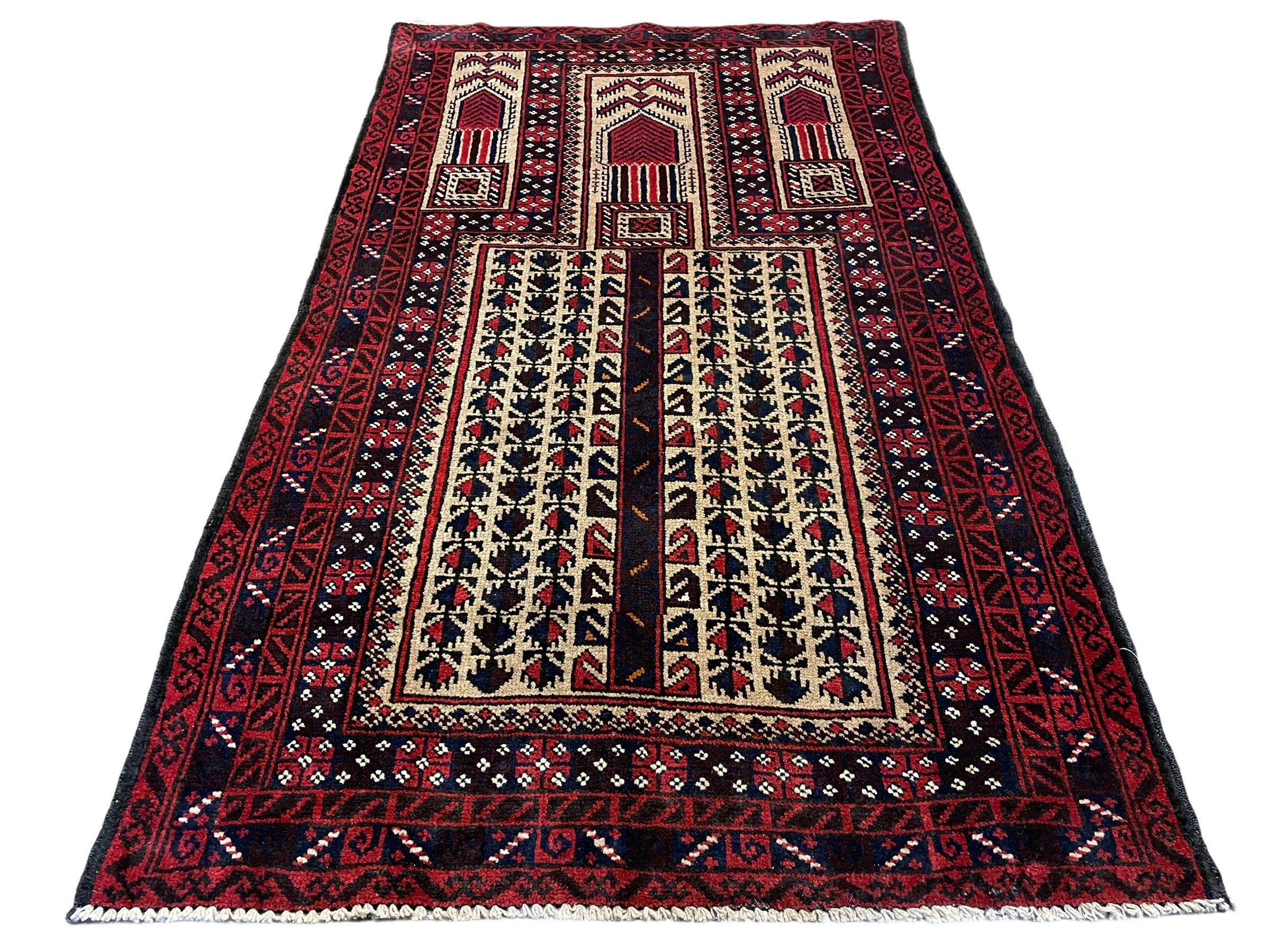 3x5 New Vintage Handmade Tribal Balouch Wool Rug Prayer Rug Red Black Beige Nice - Jewel Rugs