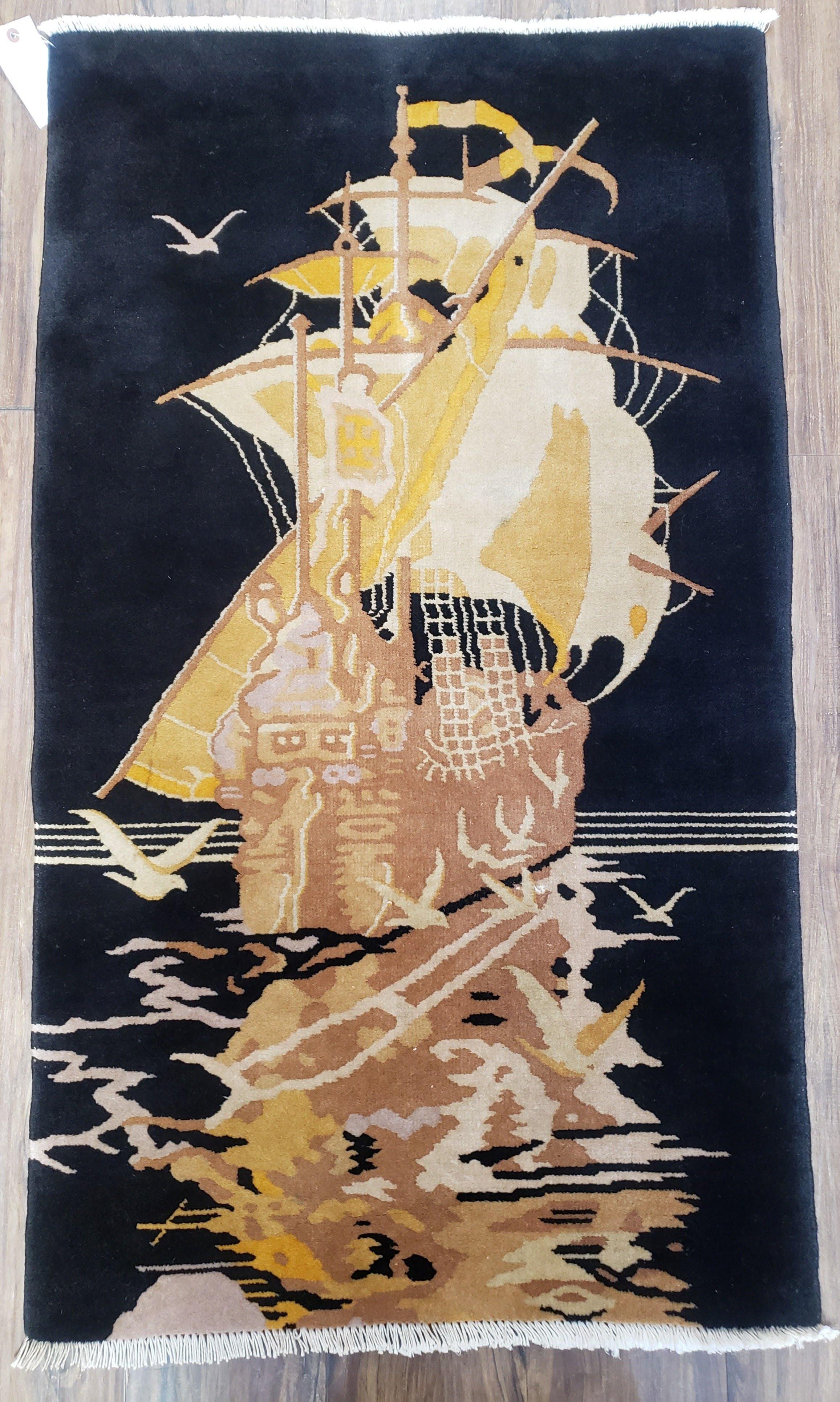 Small Chinese Rug 2'6" x 4' 4", Black Chinese Rug, Boat Ship at Sea with Seagulls, Chinese Art Deco Rug, Vintage 1960s Hand-Knotted Handmade - Jewel Rugs