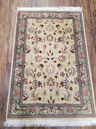 Small Pak Persian Rug 2x3 Vintage Carpet, Yellow & Green, Allover Floral Accent Rug, Hand-Knotted, Pakistani Wool Oriental Rug - Jewel Rugs