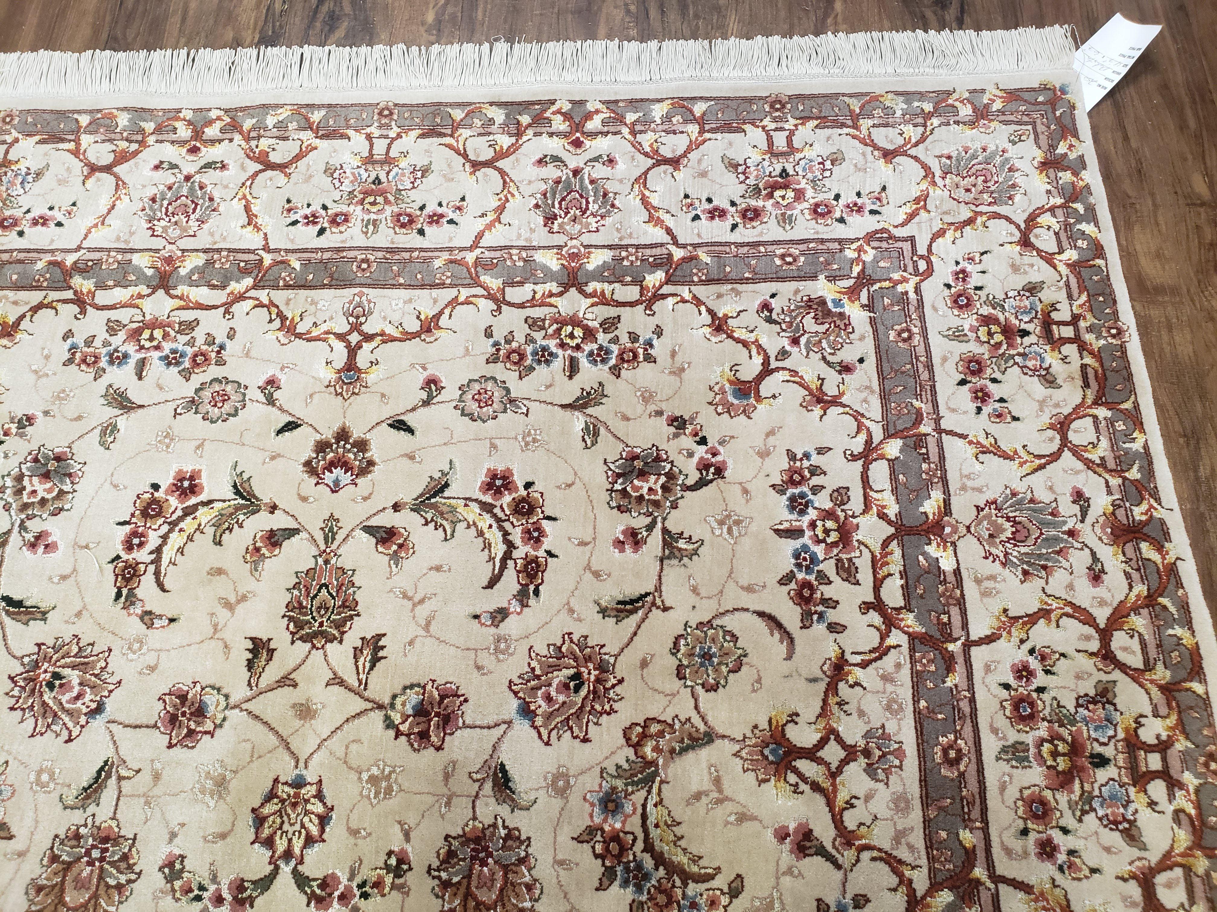 Vintage Pak Persian Area Rug 4x6 - 5x7, Wool w/ Silk Highlights Hand-Knotted, Ivory Allover Floral Pakistani Carpet, Foyer Room Entryway Rug - Jewel Rugs