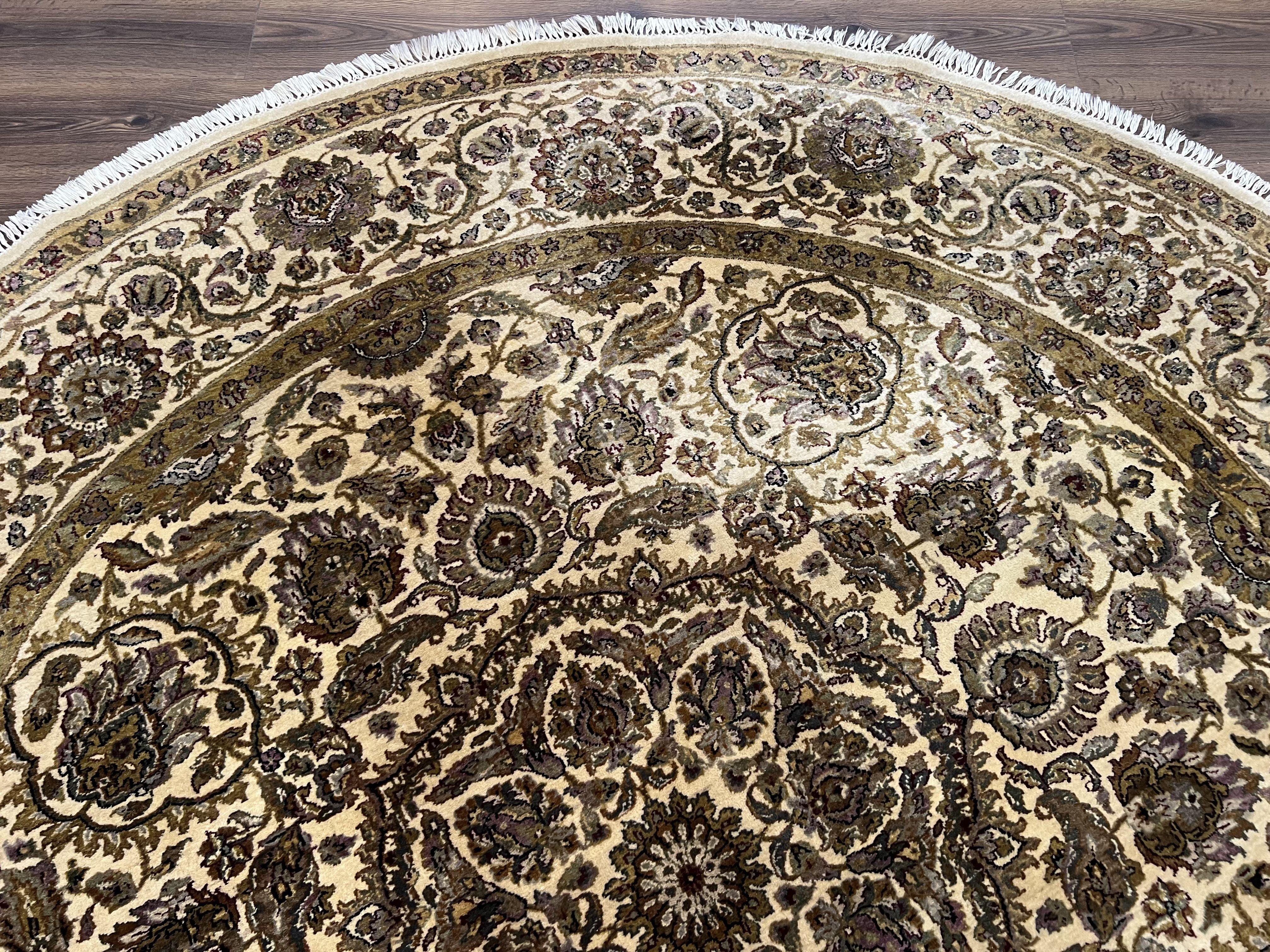 Round Indo Persian Rug 8x8 ft, Large Hand Knotted Vintage Wool Circular Carpet, 8ft Round Oriental Rug, Floral Medallion, Cream and Green - Jewel Rugs