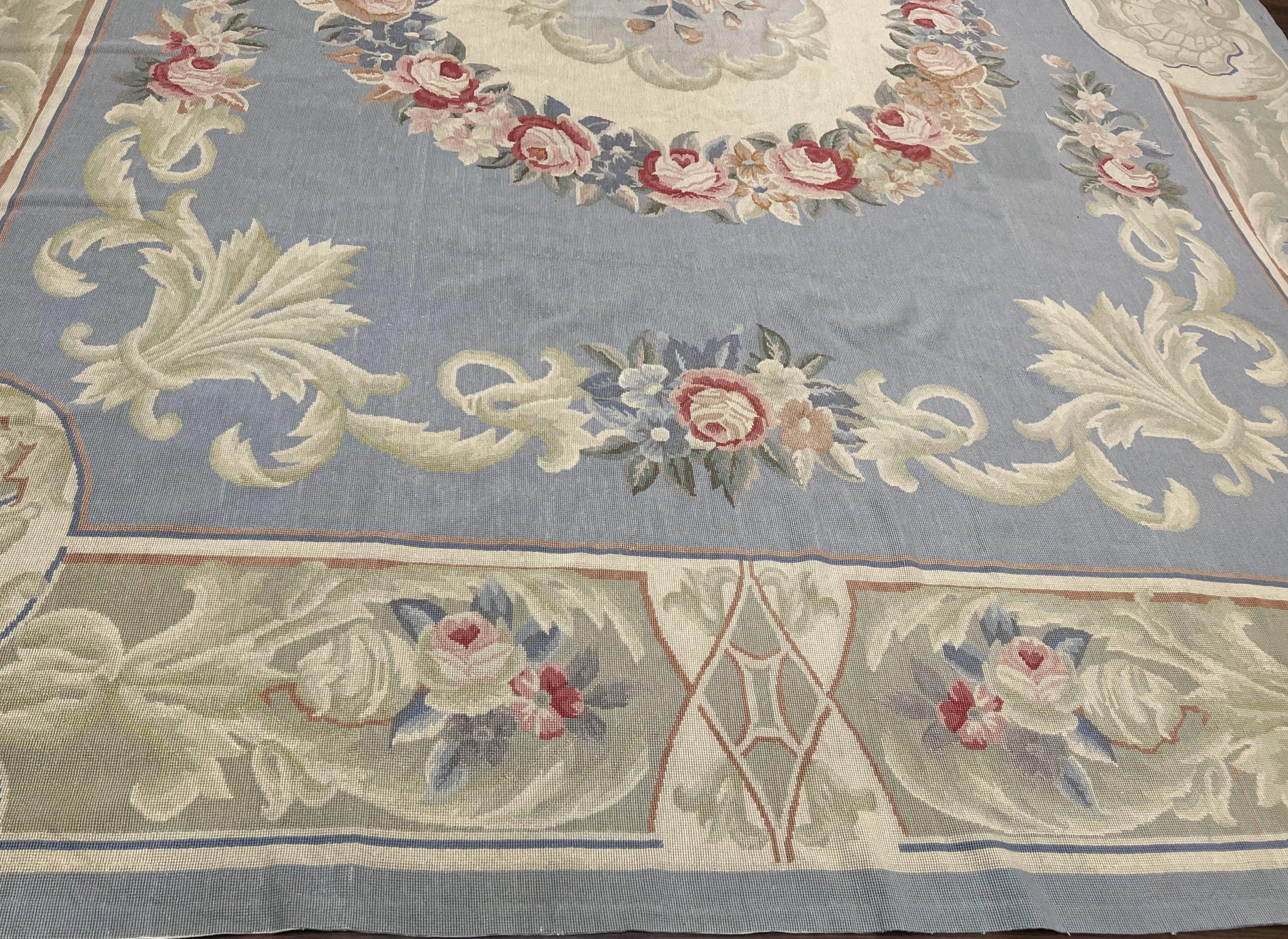 Aubusson Needlepoint Rug 8' 6" x 11' 6", Elegant French Aubusson Design Carpet, Vintage Savonnerie Flatpile Wool Floral Rug Light Blue Beige - Jewel Rugs