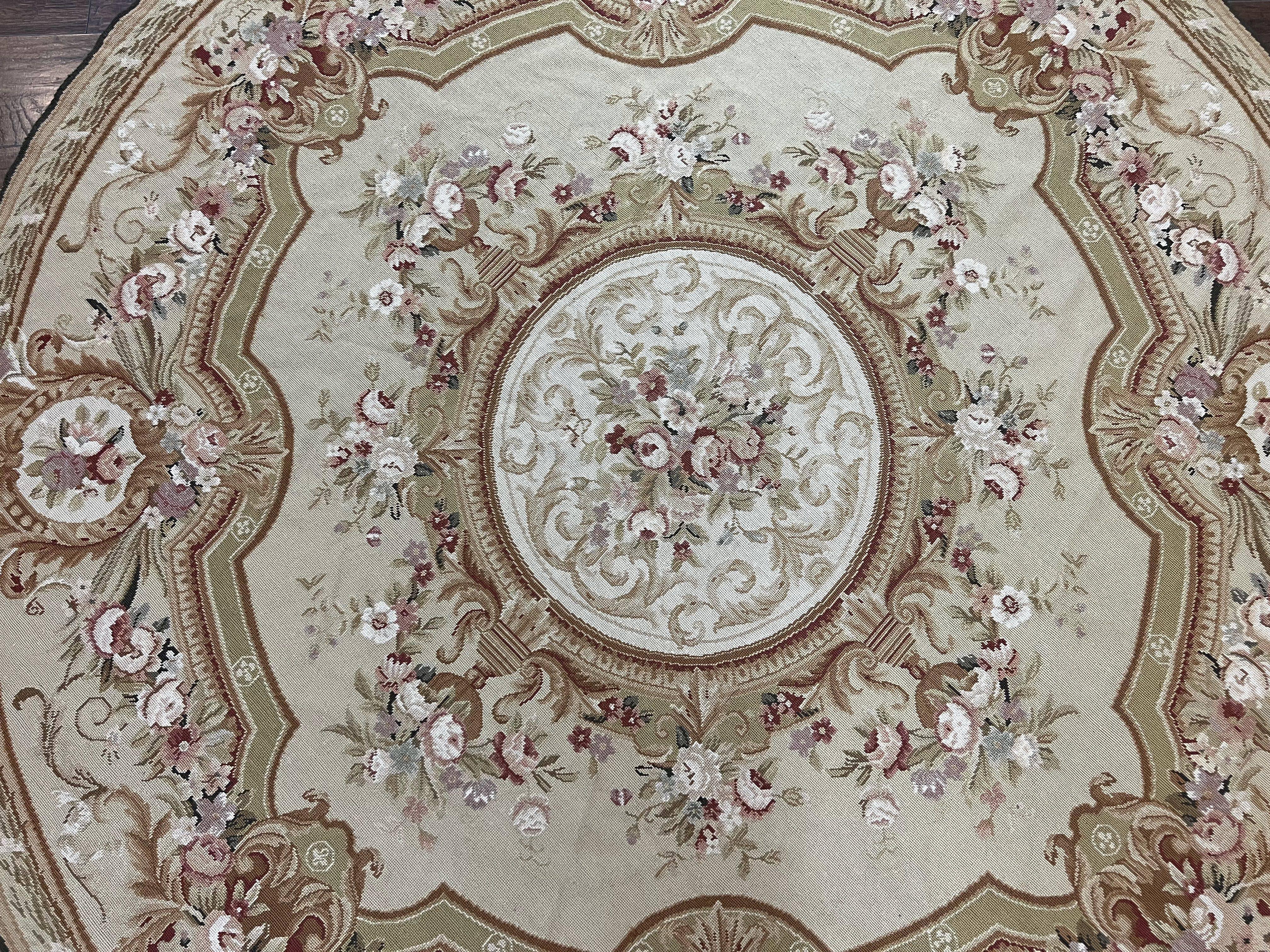 Round Needlepoint Rug 7x7 ft, Aubusson Savonnerie Round Carpet, Large Round Needlepoint, Elegant, Beige and Cream, Floral, Wool Handmade Rug - Jewel Rugs