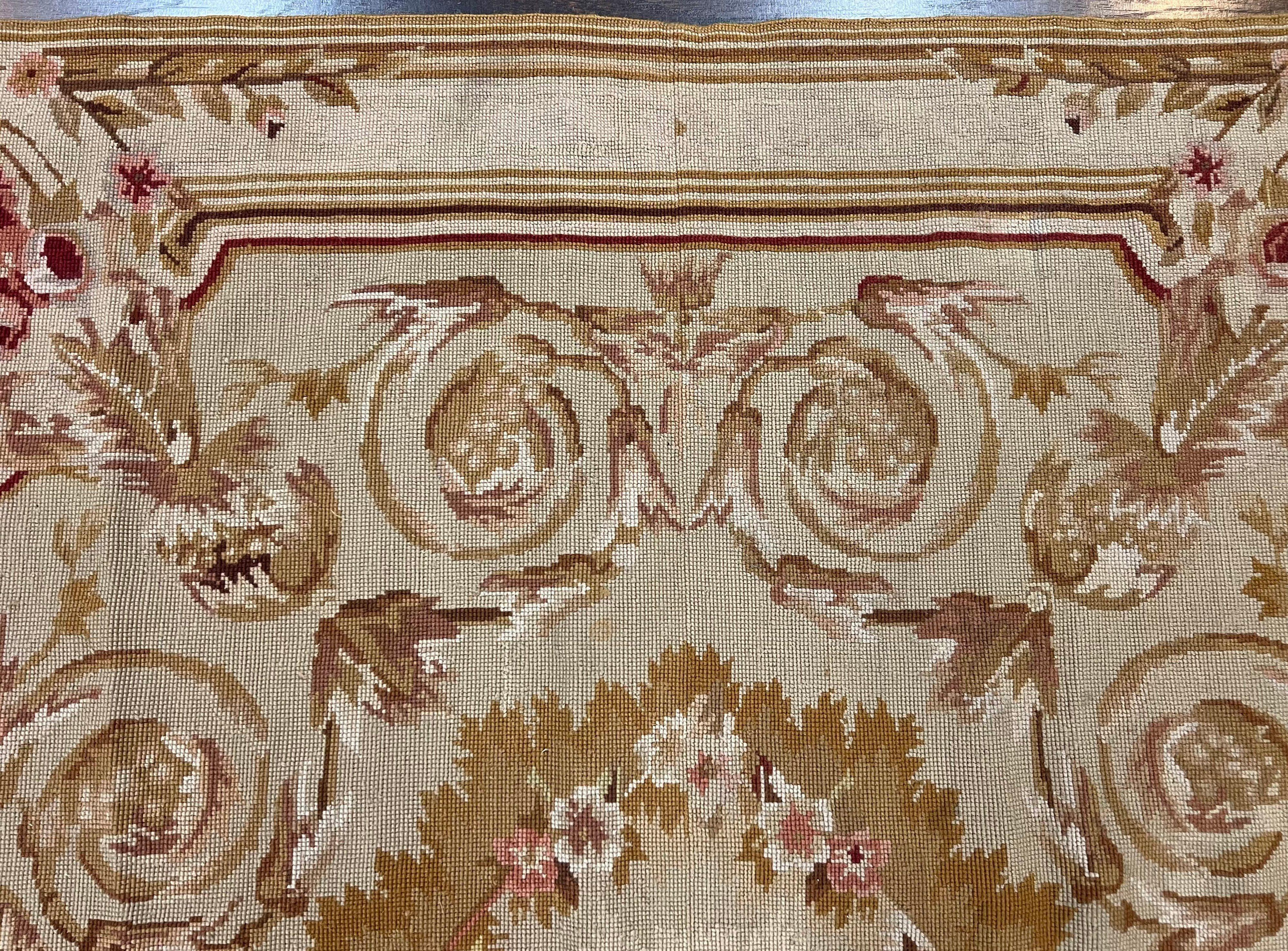 Aubusson Needlepoint Rug 4x5 ft, Beige and Tan, Aubusson Savonnerie Vintage Carpet, Handwoven Handmade Wool Rug, European Design Floral Rose - Jewel Rugs