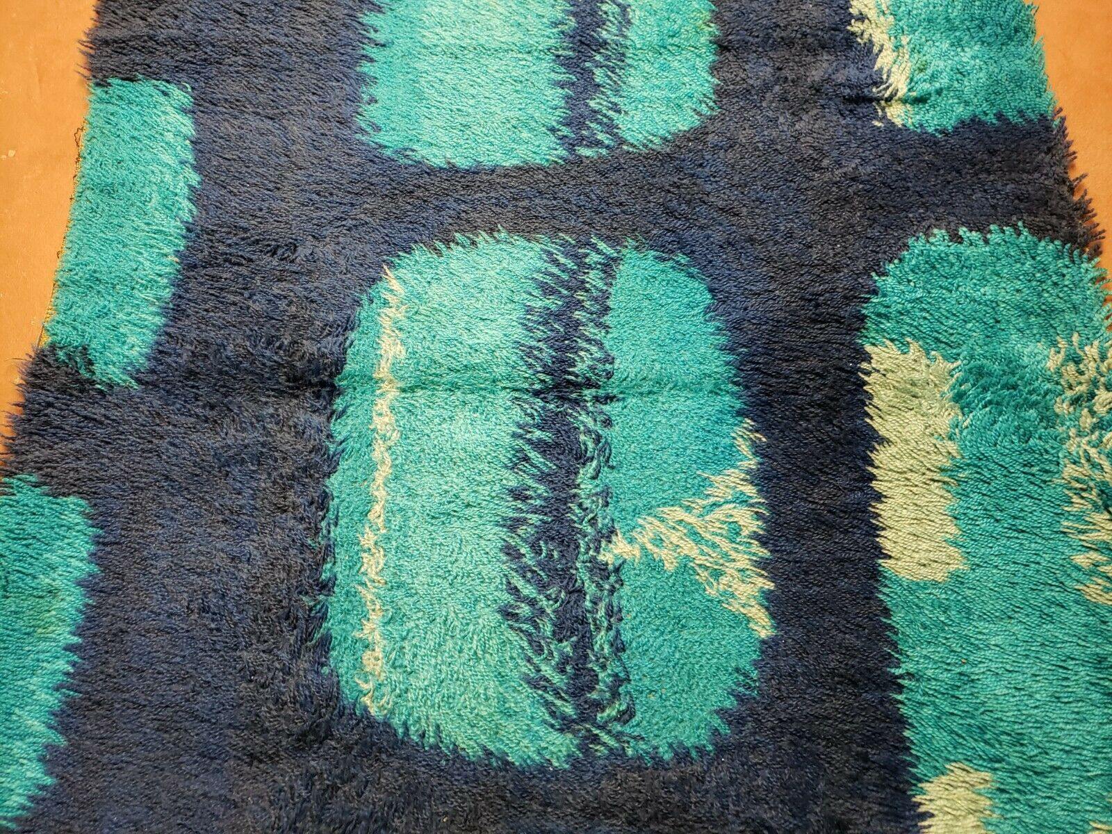 3' 3" X 5' 2" Vintage Danish Rya Shag DeLuxe Ege Rug Mid-Century Modern Blue - Jewel Rugs