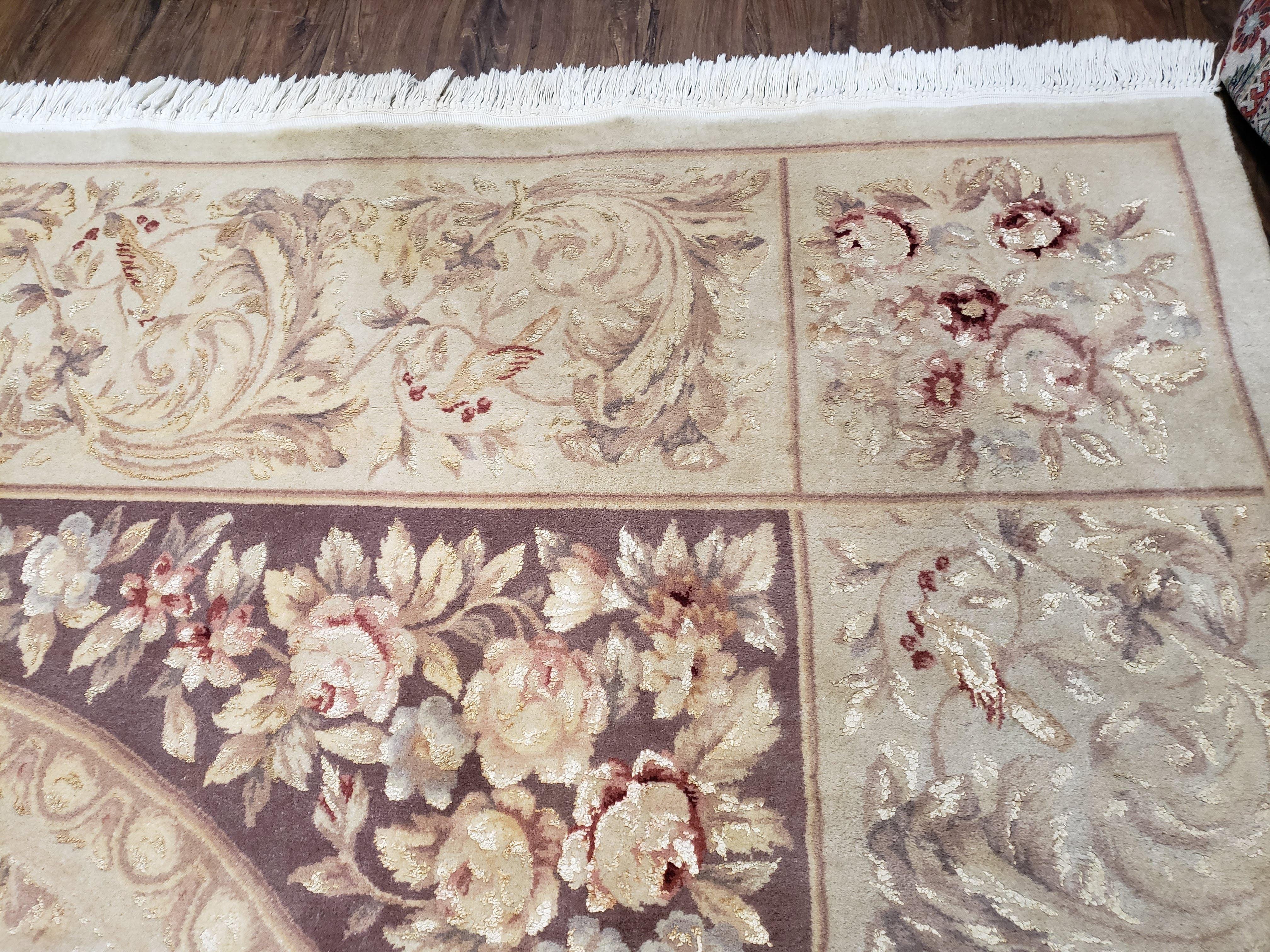 Chinese Aubusson Savonnerie Area Rug 8x12 - 9x12, Vintage 120 Line Carpet, Wool and Silk Hand-Knotted, Birds Flowers Master Weaver Signature - Jewel Rugs