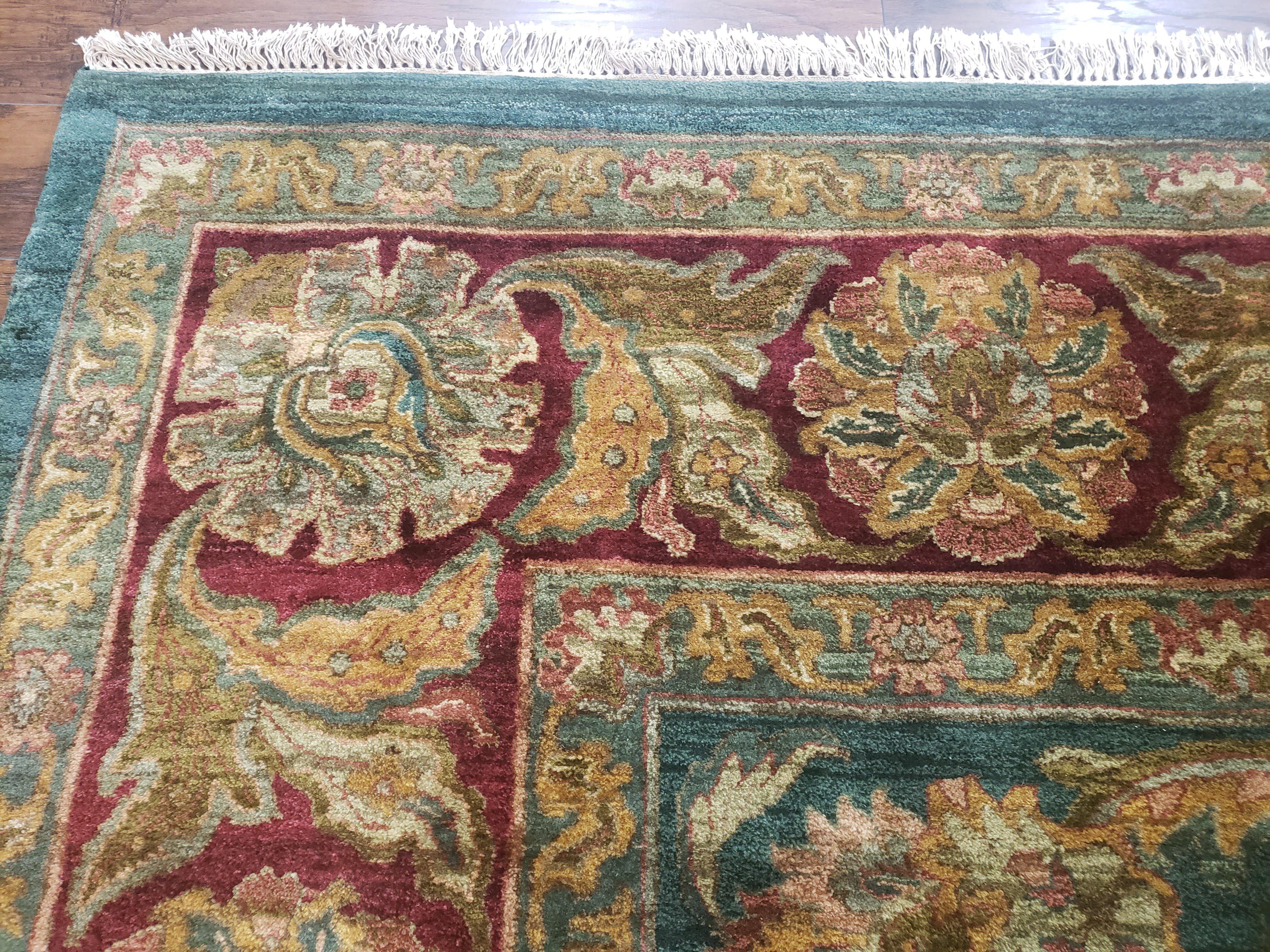 Large Indian Room Sized Rug 10x14, Indo Mahal Sultanabad Area Rug Dark Green Red, Wool Hand-Knotted Large Floral Carpet Soft Living Room Rug - Jewel Rugs