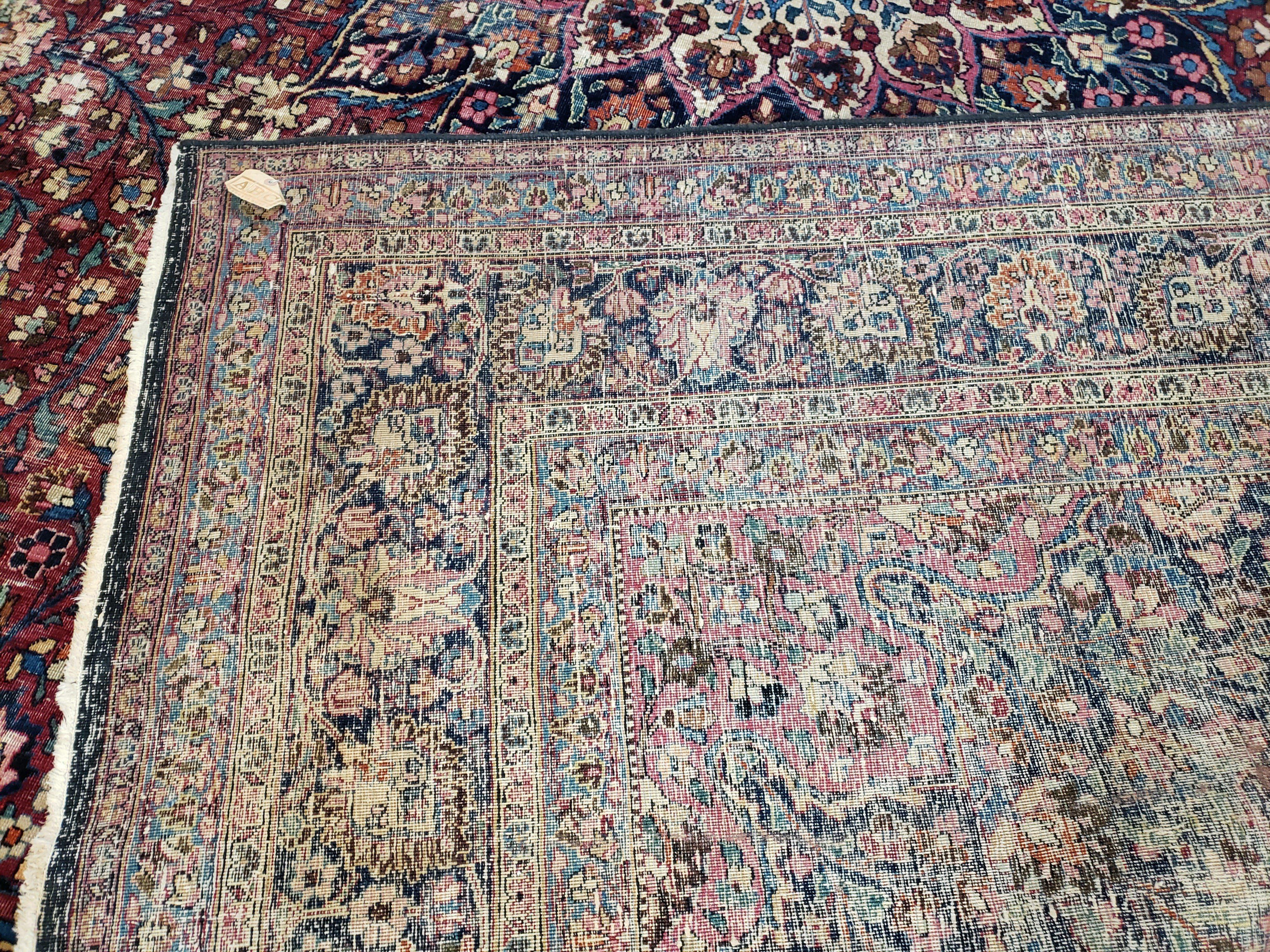 Antique Persian Mashad Rug, Palace Size, Hand-Knotted, Wool, Allover Floral with Medallion, Ruby Red and Dark Blue, 11' x 15' - Jewel Rugs