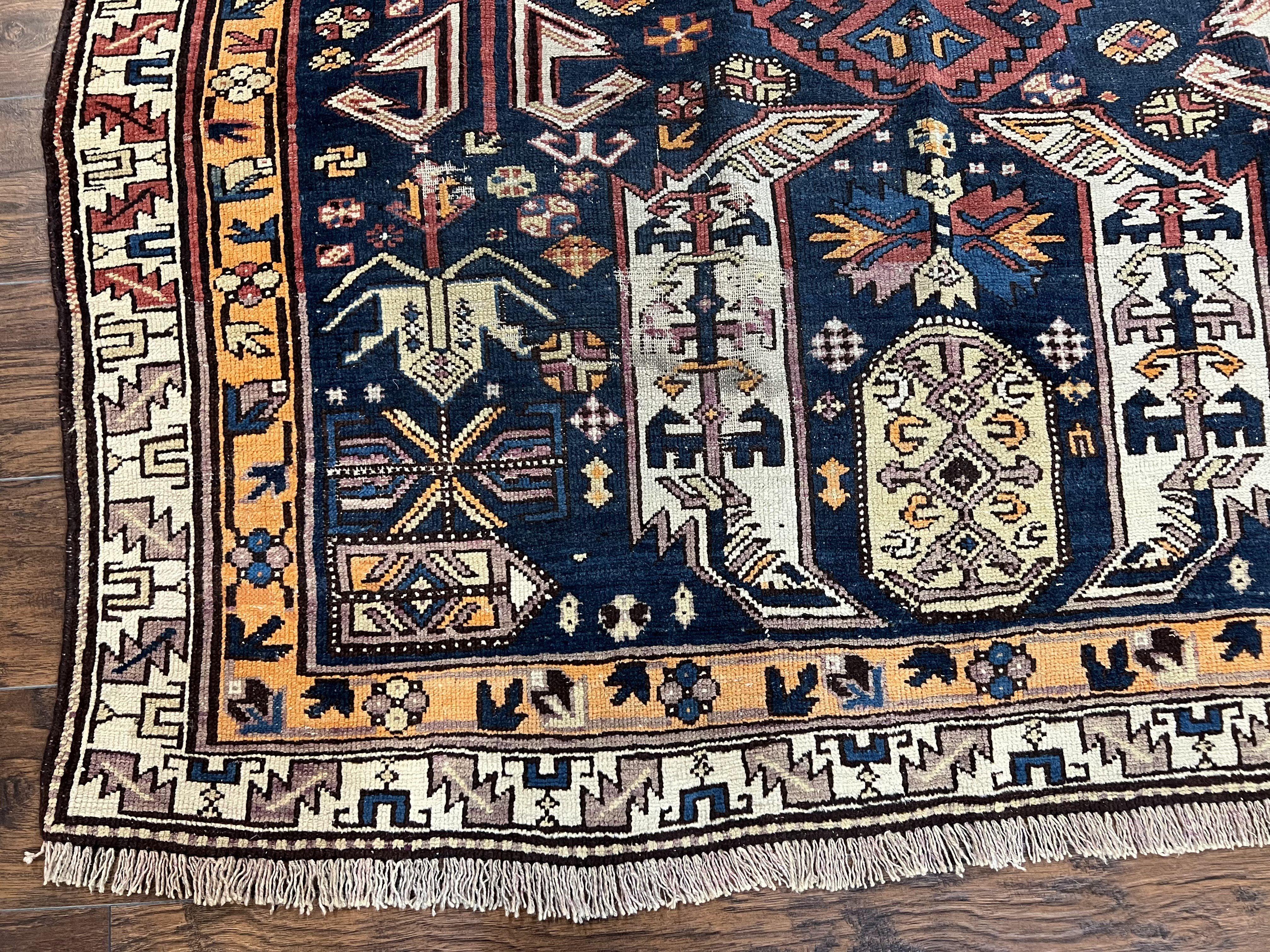 Antique Persian Kurdish Rug 5.6 x 9.8, Kurdish Tribal Carpet, Wool Tribal Rug, Geometric Rug, Bohemian Rug, Boho Rug, Navy Blue Cream Orange - Jewel Rugs