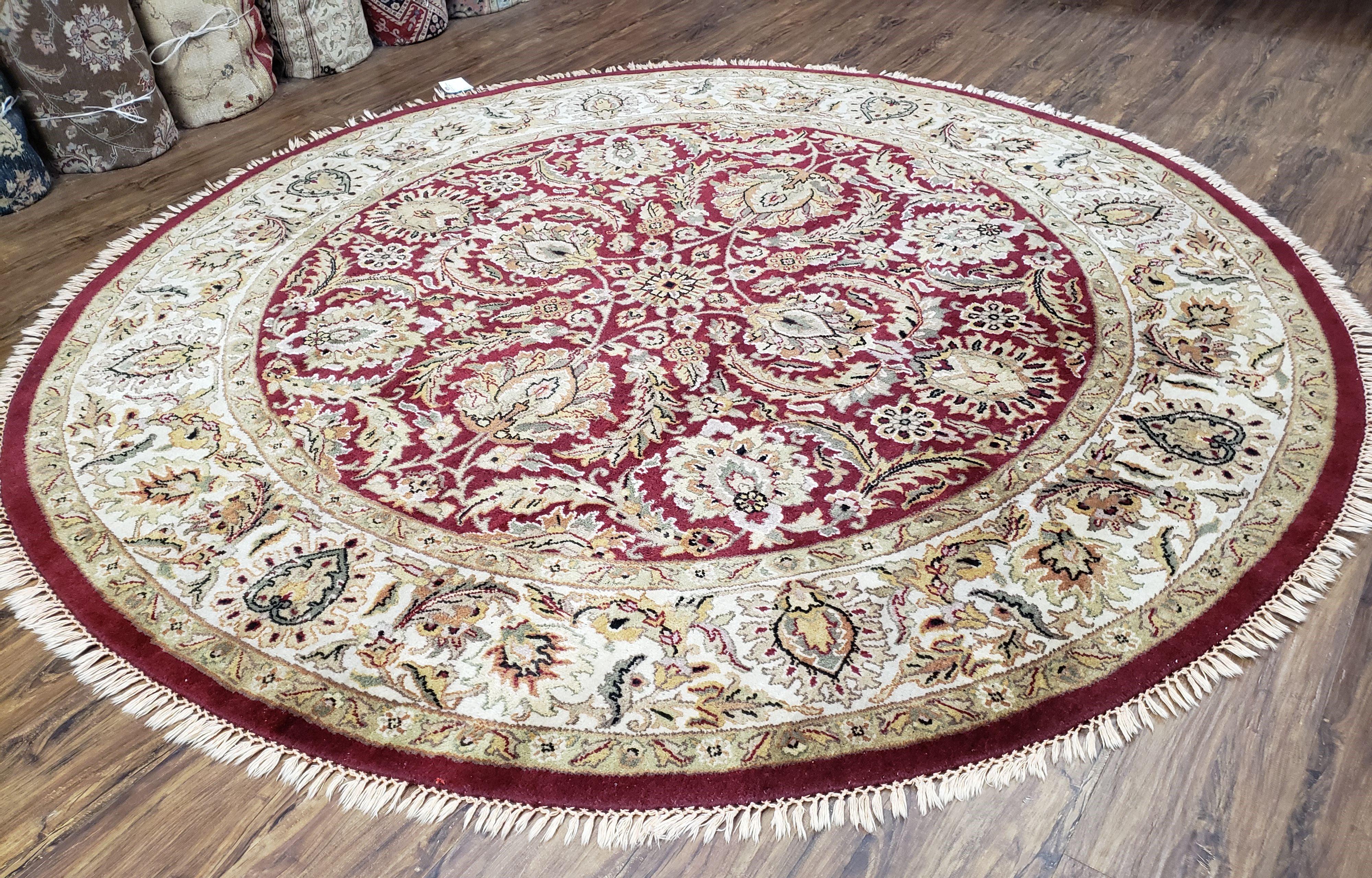 8ft Round Rug, Vintage Indo Mahal Round Oriental Carpet, Red & Beige, Indian Rug, Indo Persian Floral Rug, Hand-Knotted, Wool, 8x8 Round Rug - Jewel Rugs