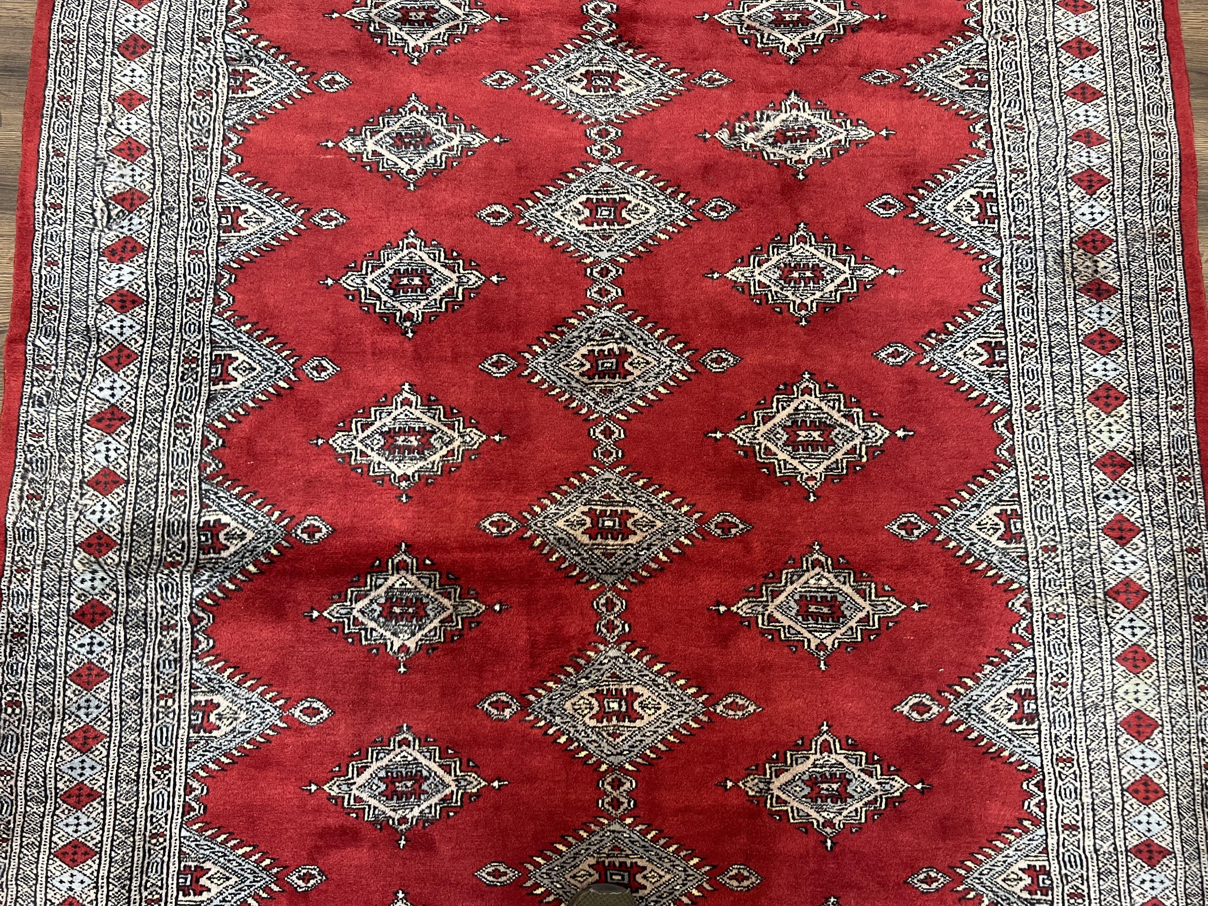 Pakistani Turkoman Rug 5x8, Turkmen Bokhara Carpet 5 x 8 ft, Red and Black, Vintage Hand Knotted Wool Area Rug, Medium Size, Bukhara Rug - Jewel Rugs