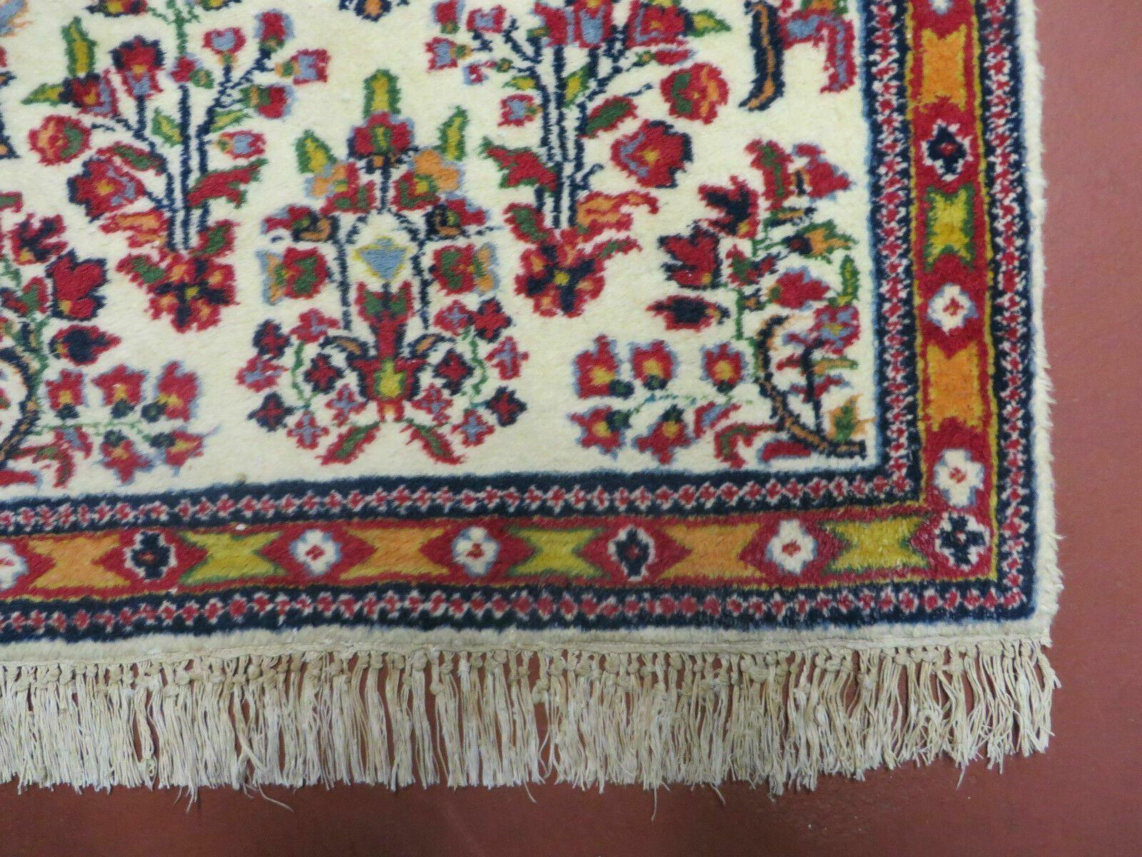 Small Persian Rug 2 x 3, Tiny Persian Sarouk Carpet, Cream Navy Blue Red, Floral Medallion, Vintage Wool Rug, Handmade Hand-Knotted Oriental Rug - Jewel Rugs