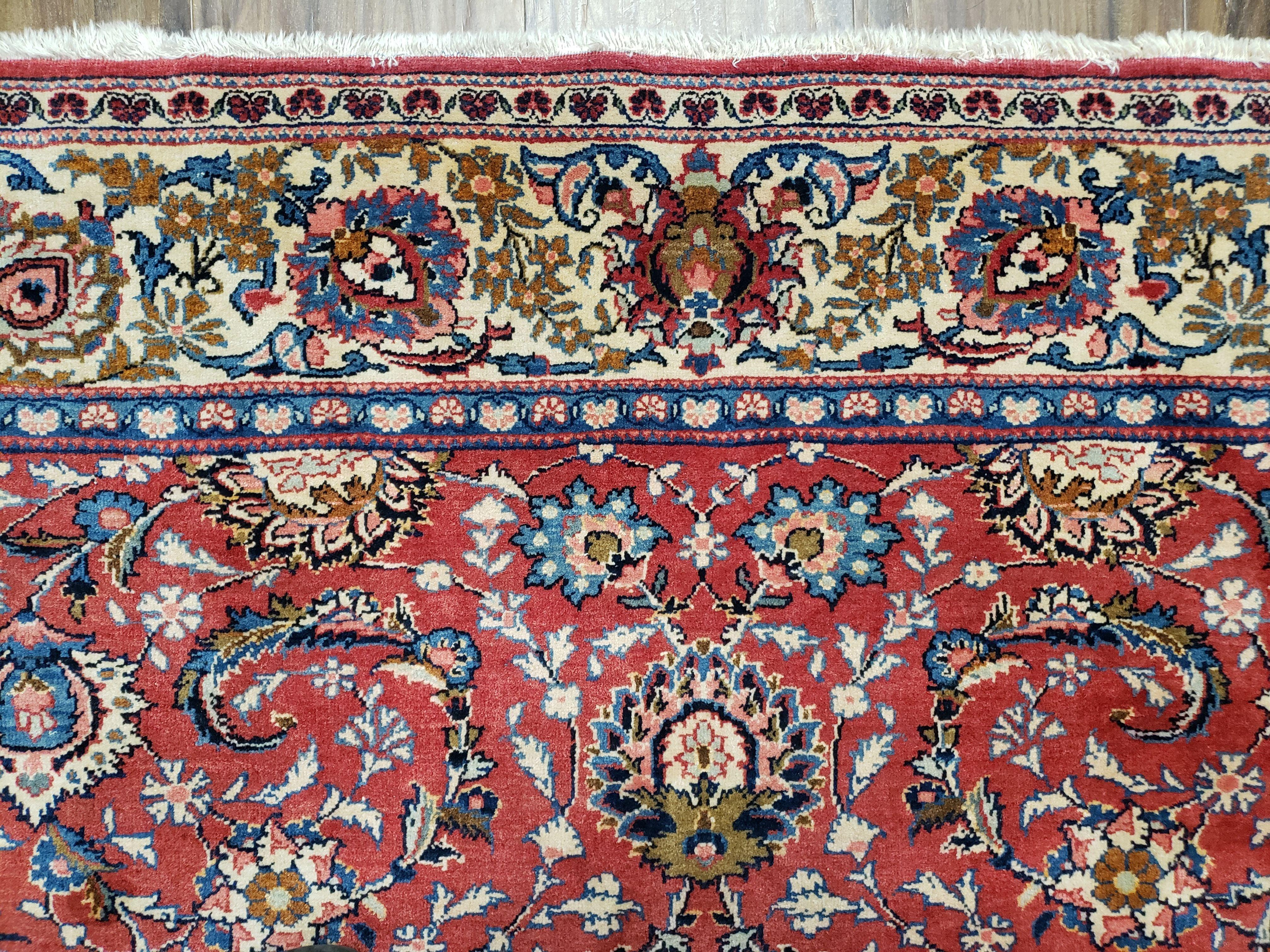 Semi Antique Persian Kashan, Red & Cream, Hand-Knotted, Wool, 4' 8" x 6' 6", Pair A - Jewel Rugs