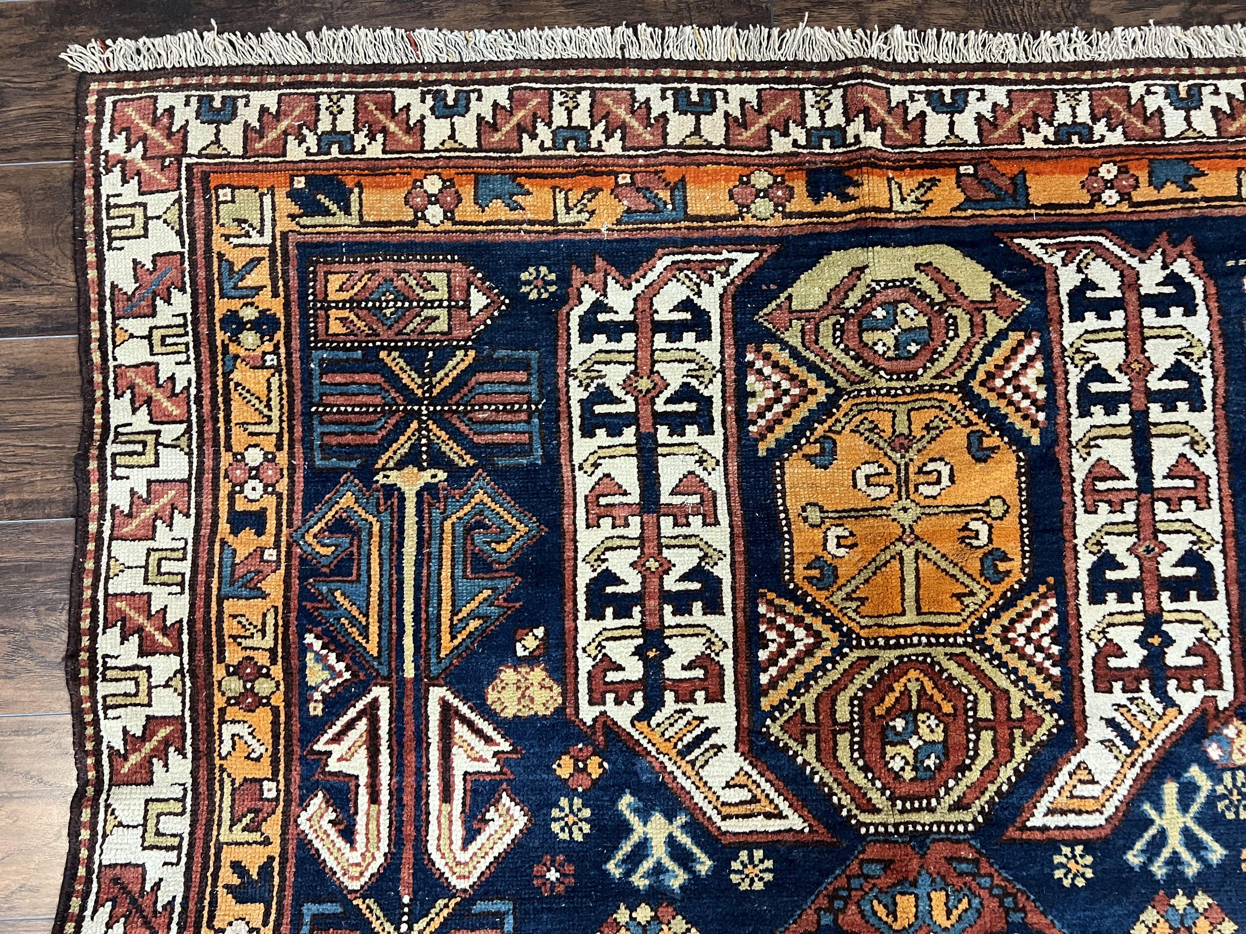 Antique Persian Kurdish Rug 5.6 x 9.8, Kurdish Tribal Carpet, Wool Tribal Rug, Geometric Rug, Bohemian Rug, Boho Rug, Navy Blue Cream Orange - Jewel Rugs