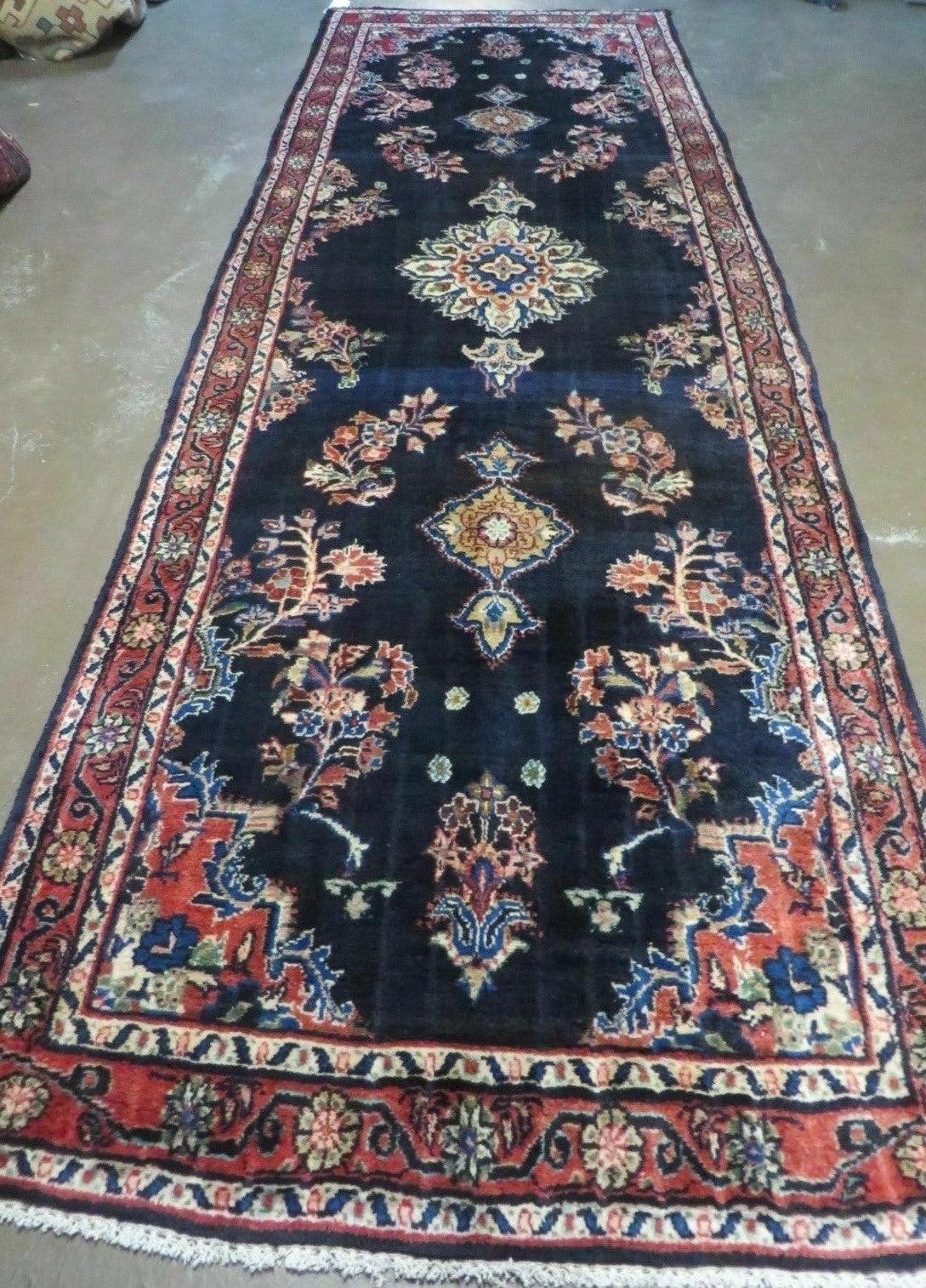 Persian Runner Rug 3.7 x 10.9, Antique Persian Hamadan Wool Handmade Oriental Tribal Hallway Runner, Navy Blue Red Cream, Floral Semi Open Field Medallion - Jewel Rugs