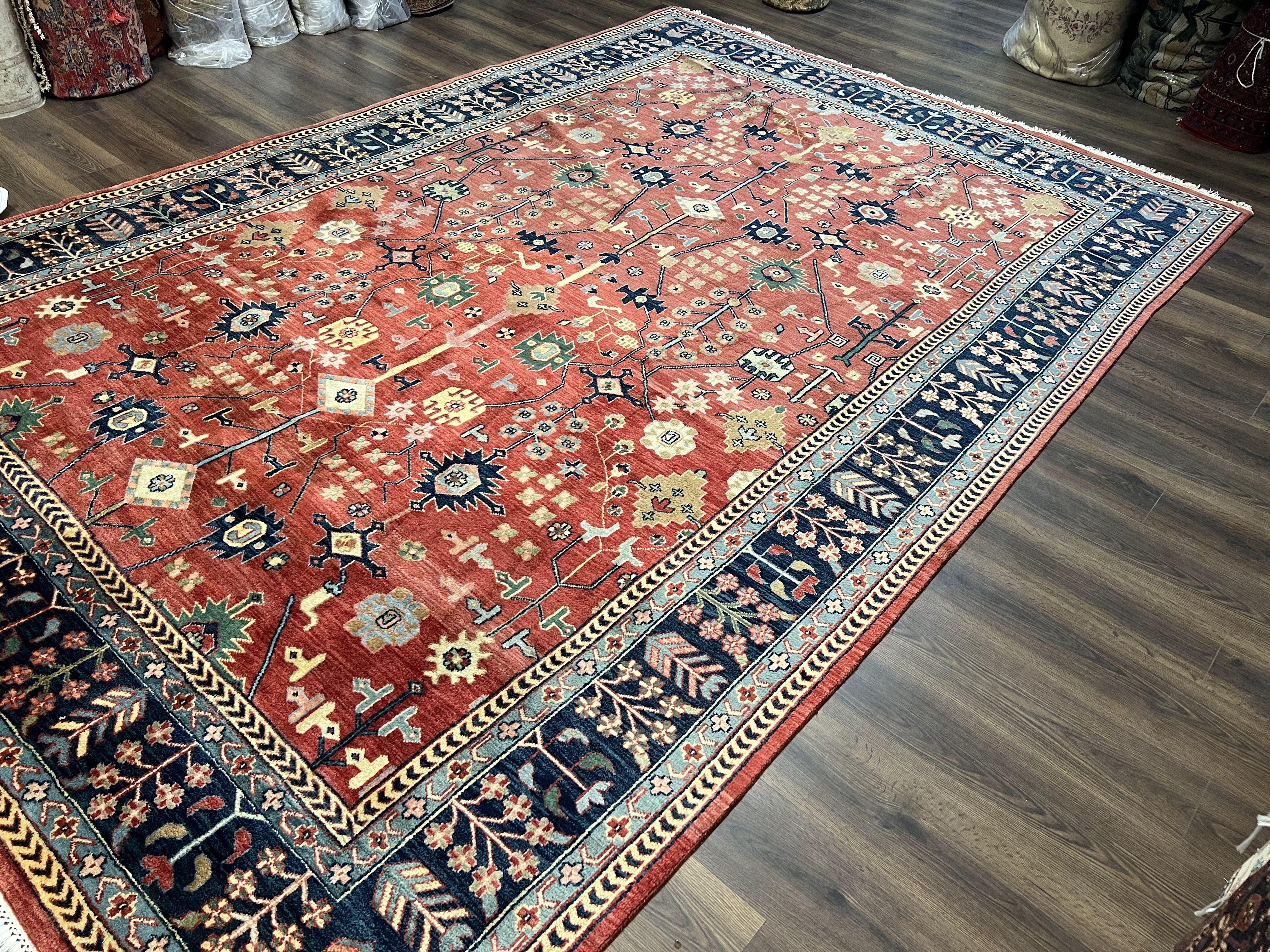 Indo Persian Heriz Rug 9 x 13 ft, Red and Navy Blue Oriental Carpet, Hand Knotted Wool Rug 9x13, Allover Pattern, Bohemian Rug, Living Room - Jewel Rugs