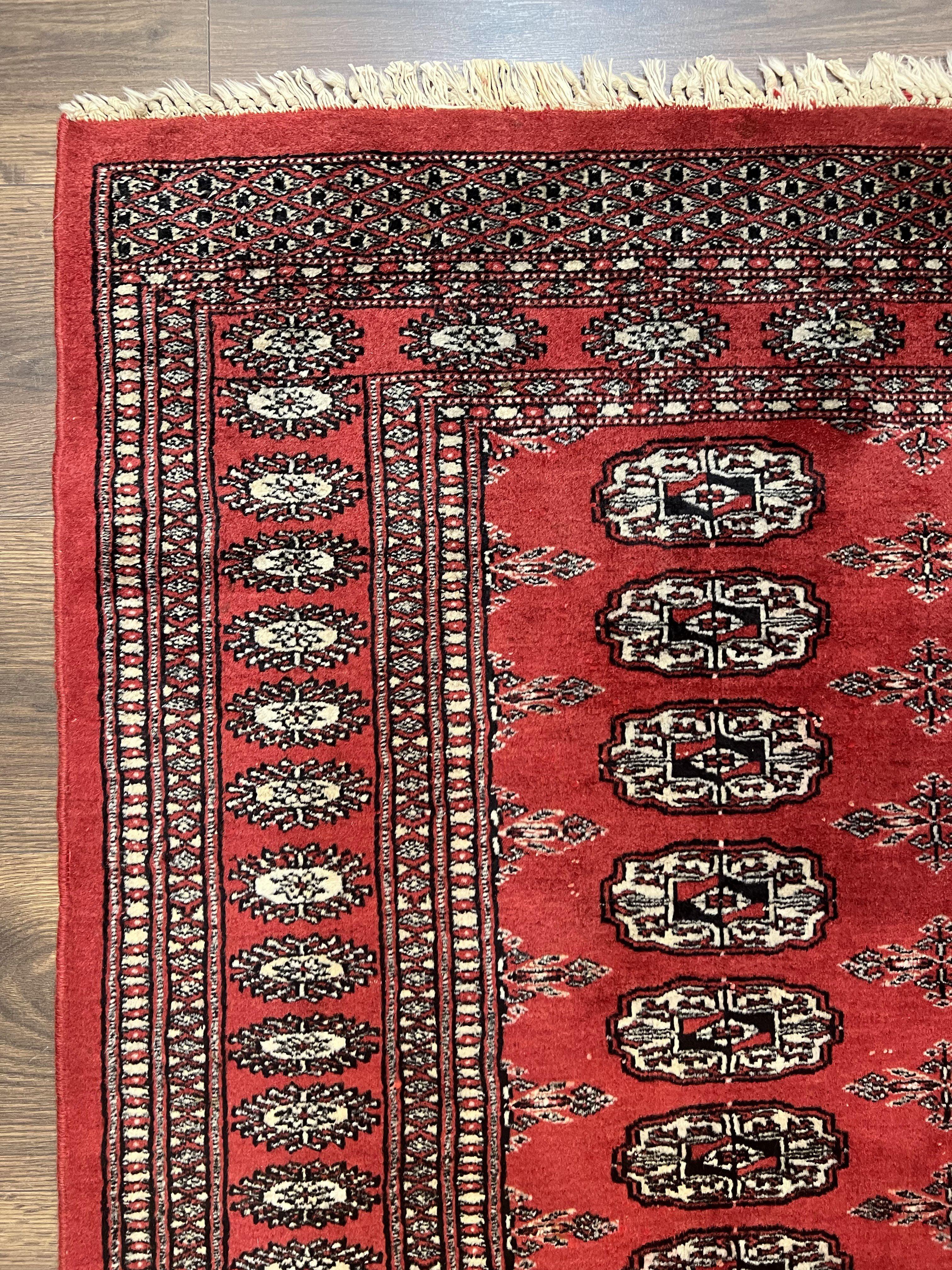 Pakistani Bokhara Rug 3x5, Red Turkoman Carpet 3 x 5 ft, Hand Knotted Wool Vintage Tribal Bohemian Rug, Elephant Foot Motif, Handmade Nice - Jewel Rugs