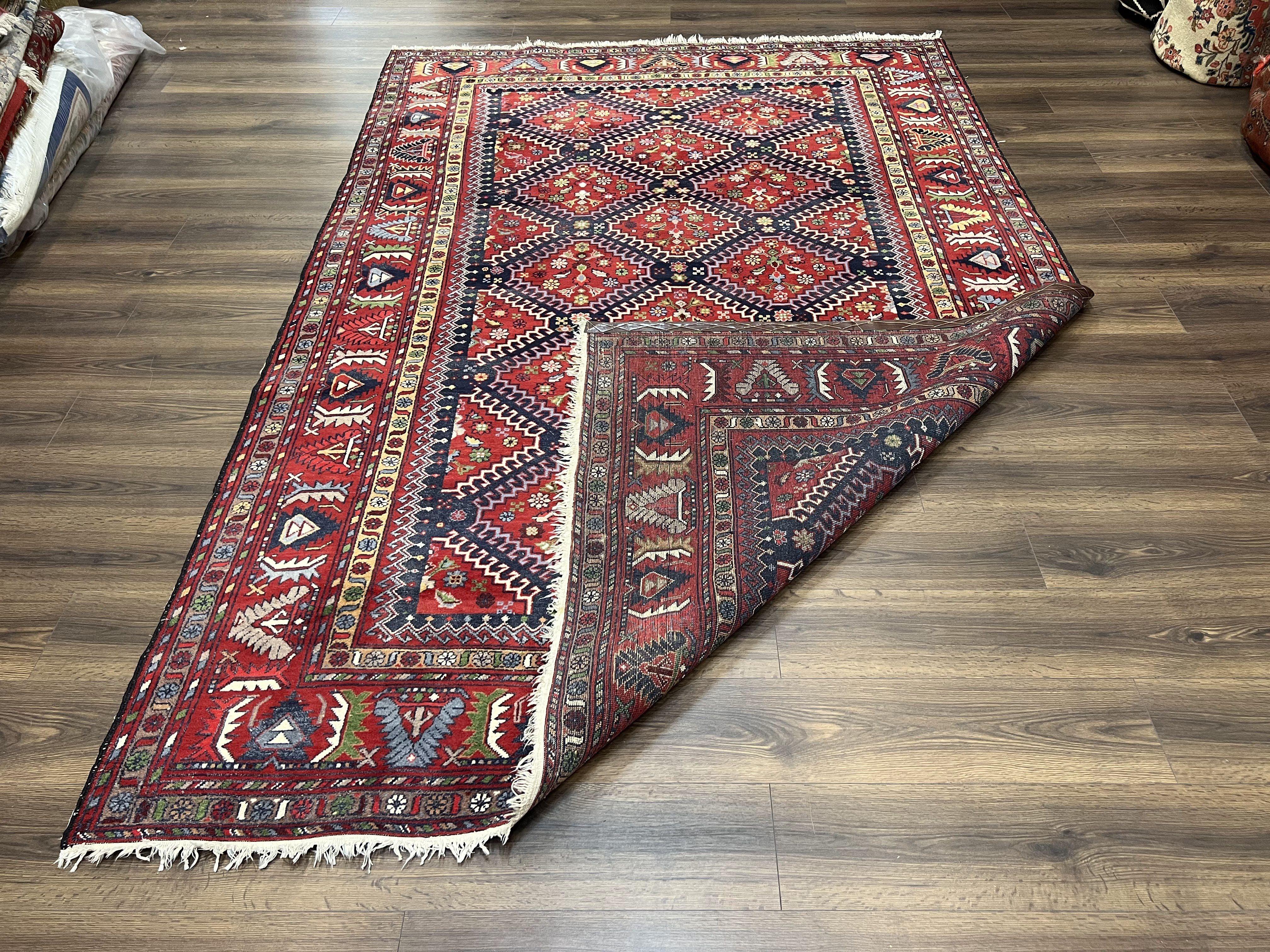 Wonderful Persian Rug 7x10, Persian Shiraz Yalameh Tribal Rug 7 x 10, Semi Antique Colorful Persian Carpet, Geometric Diamond, Handmade Wool, Red Navy Blue - Jewel Rugs