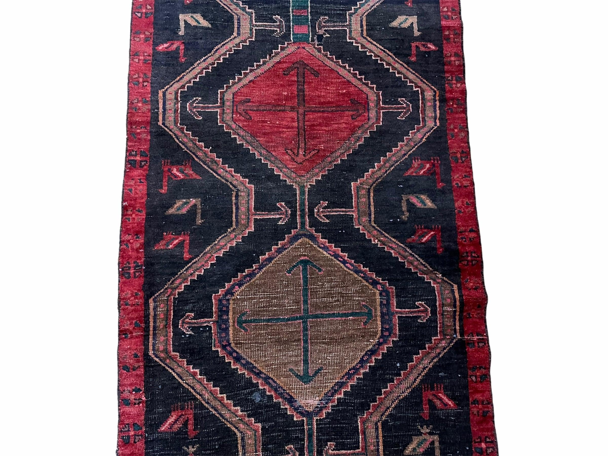 3 X 7 Handmade Wool Tribal Runner Rug Geometric Red Blue Boho Organic Dyes - Jewel Rugs