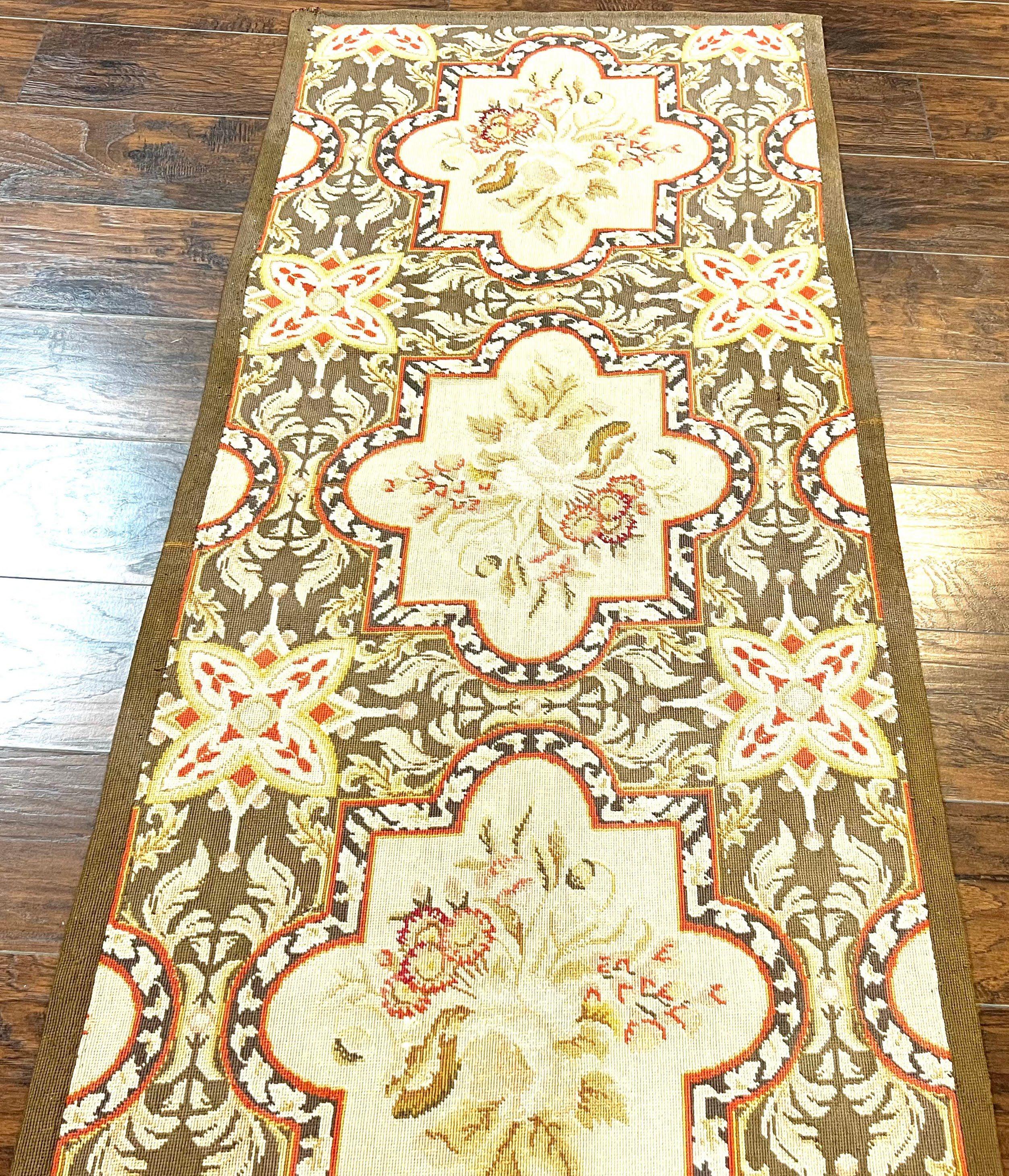 Needlepoint Runner Rug 2.8 x 9.8, Brown and Beige, Handwoven Handmade Floral French European Design, Vintage Flatweave 10ft Wool Runner Rug - Jewel Rugs