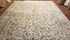 Vintage Oriental Carpet 9x12, Persian Design, Wool with Silk, Finely Hand Knotted, Beige & Teal, Allover Floral Traditional Pattern - Jewel Rugs