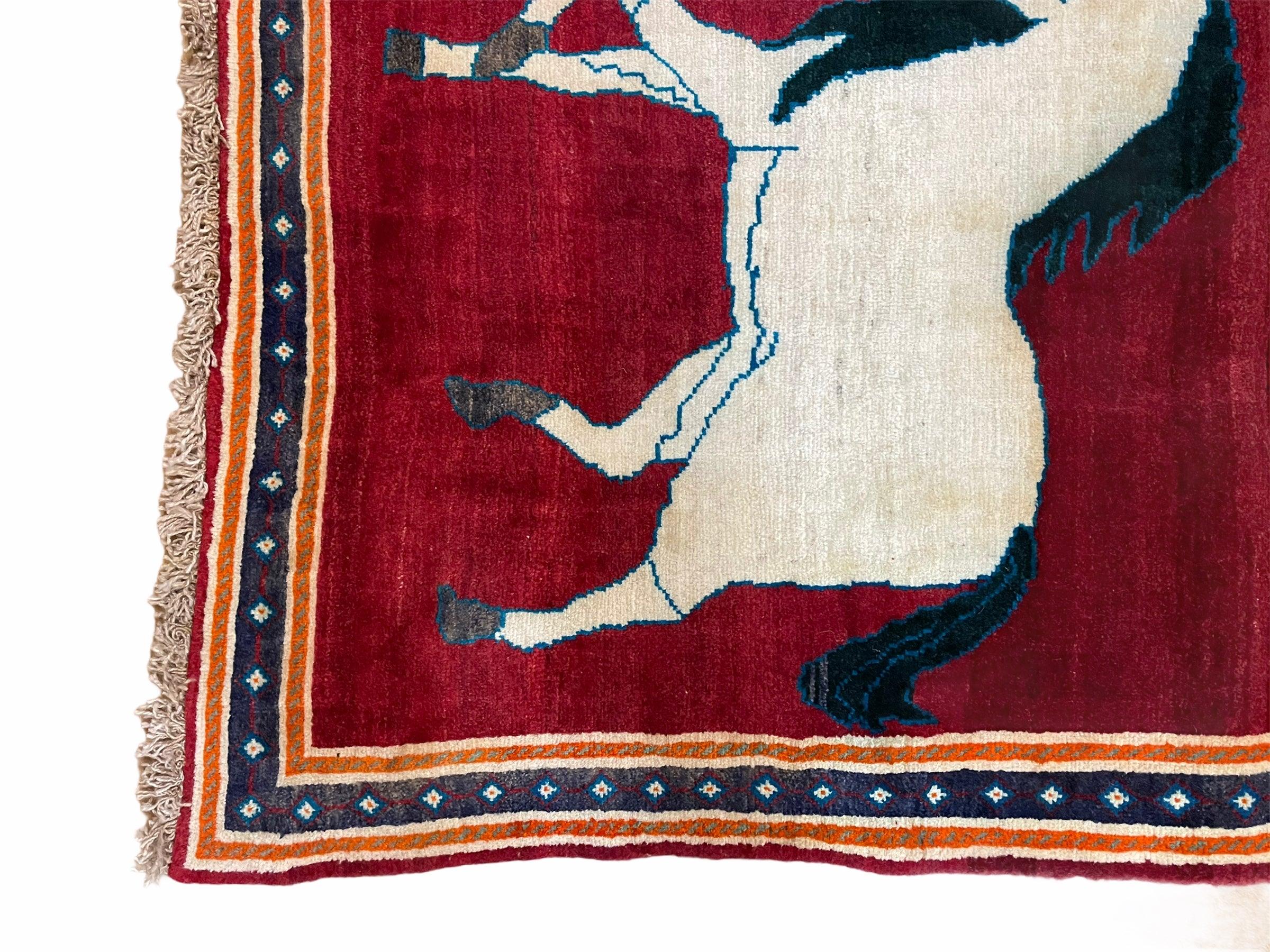 3.5 X 6 Handmade Hand-Knotted New Vintage Rug Quality Wool White Horses Red - Jewel Rugs