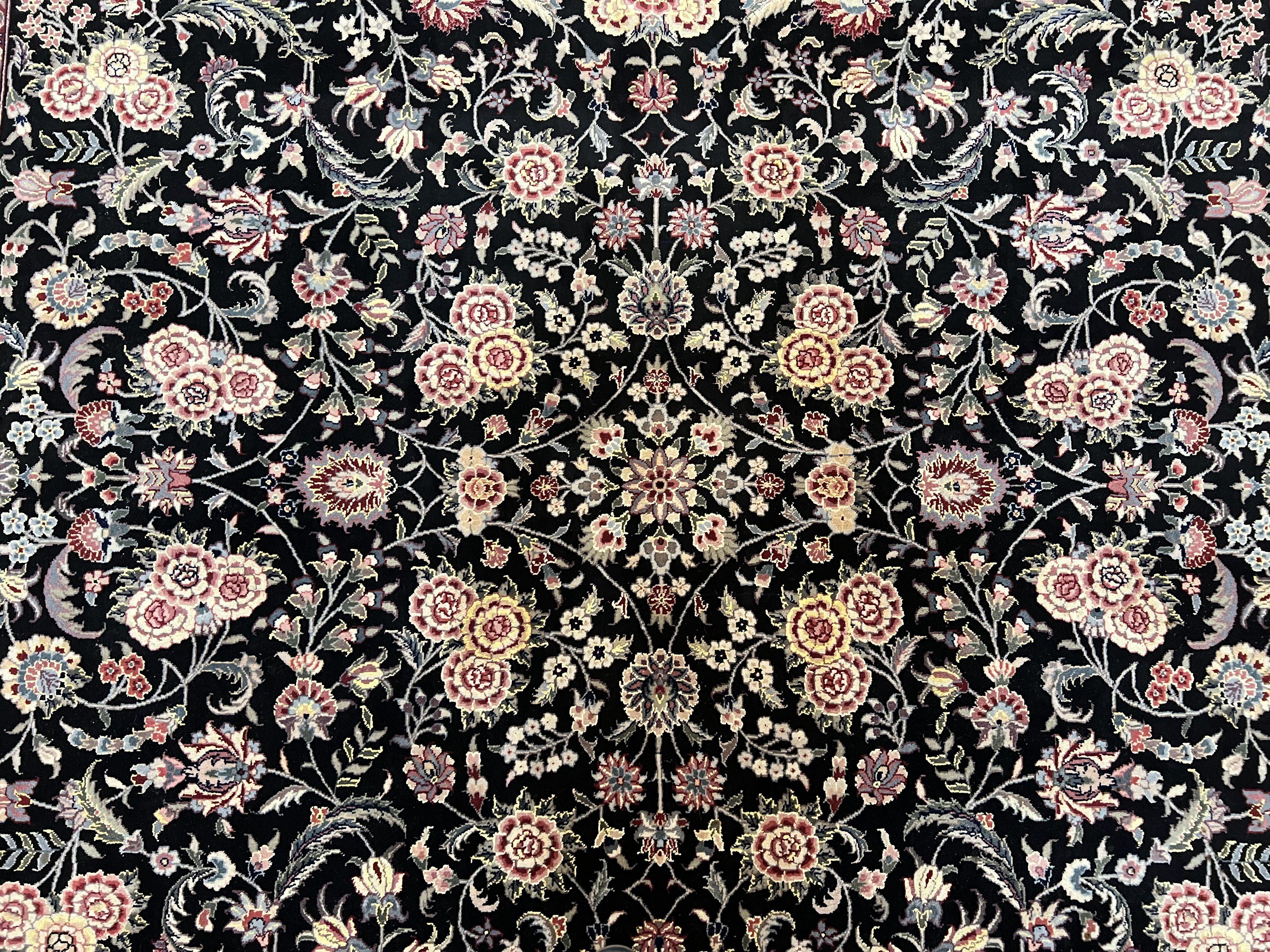 Pak Persian Rug 9x12, Floral Allover, Hand Knotted Oriental Carpet 9 x 12 ft, Black and Cream, Detailed, Wool with Silk Highlights, Vintage - Jewel Rugs