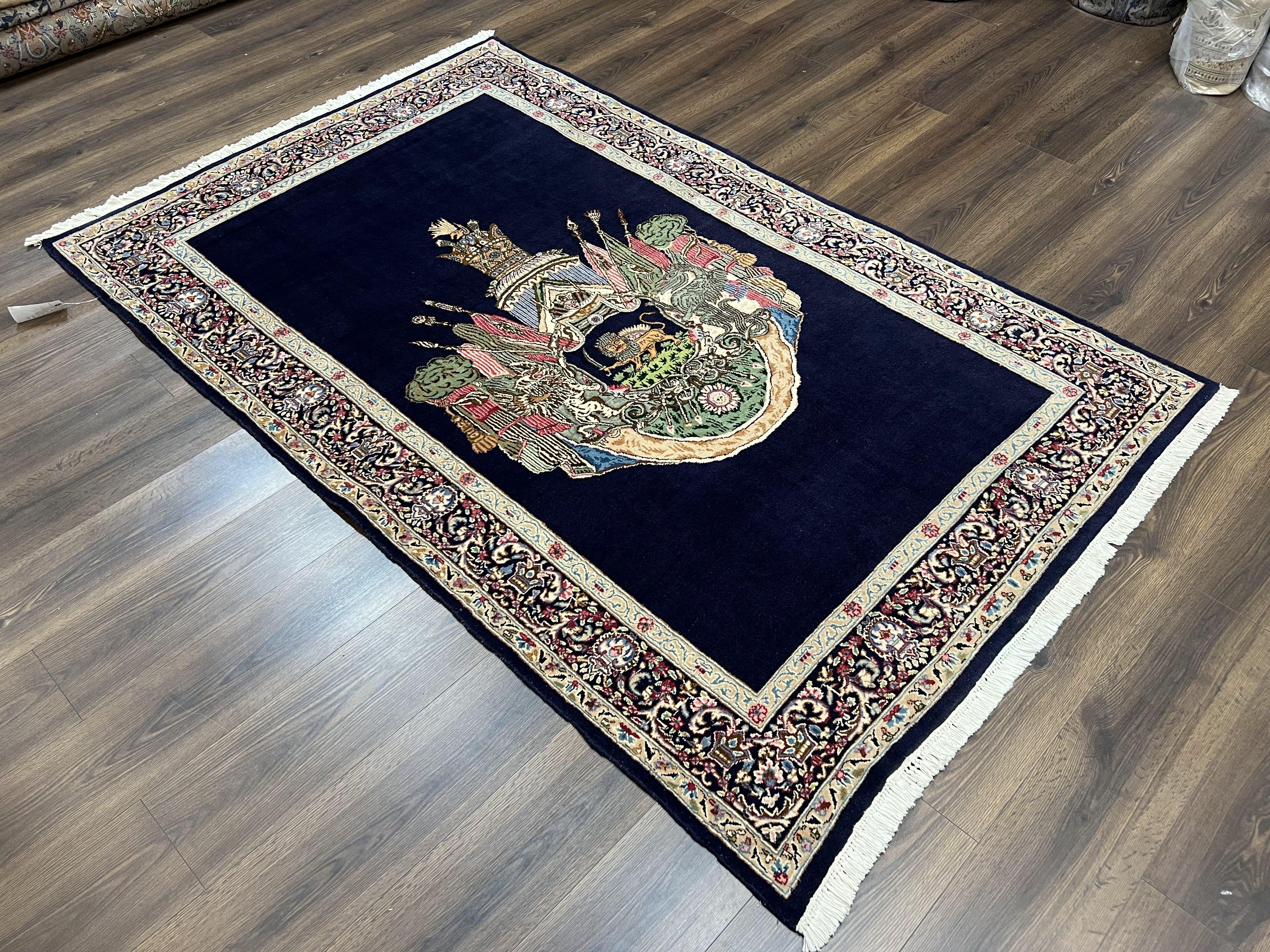 Persian Kirman Rug 5x8, Navy Blue and Beige, Persian Lion with Sword and Sun Motif, Hand Knotted Wool Fine Oriental Carpet, Semi Antique - Jewel Rugs