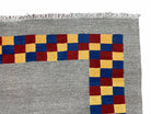 Gray Kilim Carpet, Yellow, Red, Blue Checkerboard Pattern, Flatweave, New, Geometric, Hand-Knotted, Wool, Turkish Area Rug, 5' 9" x 7' 9" - Jewel Rugs