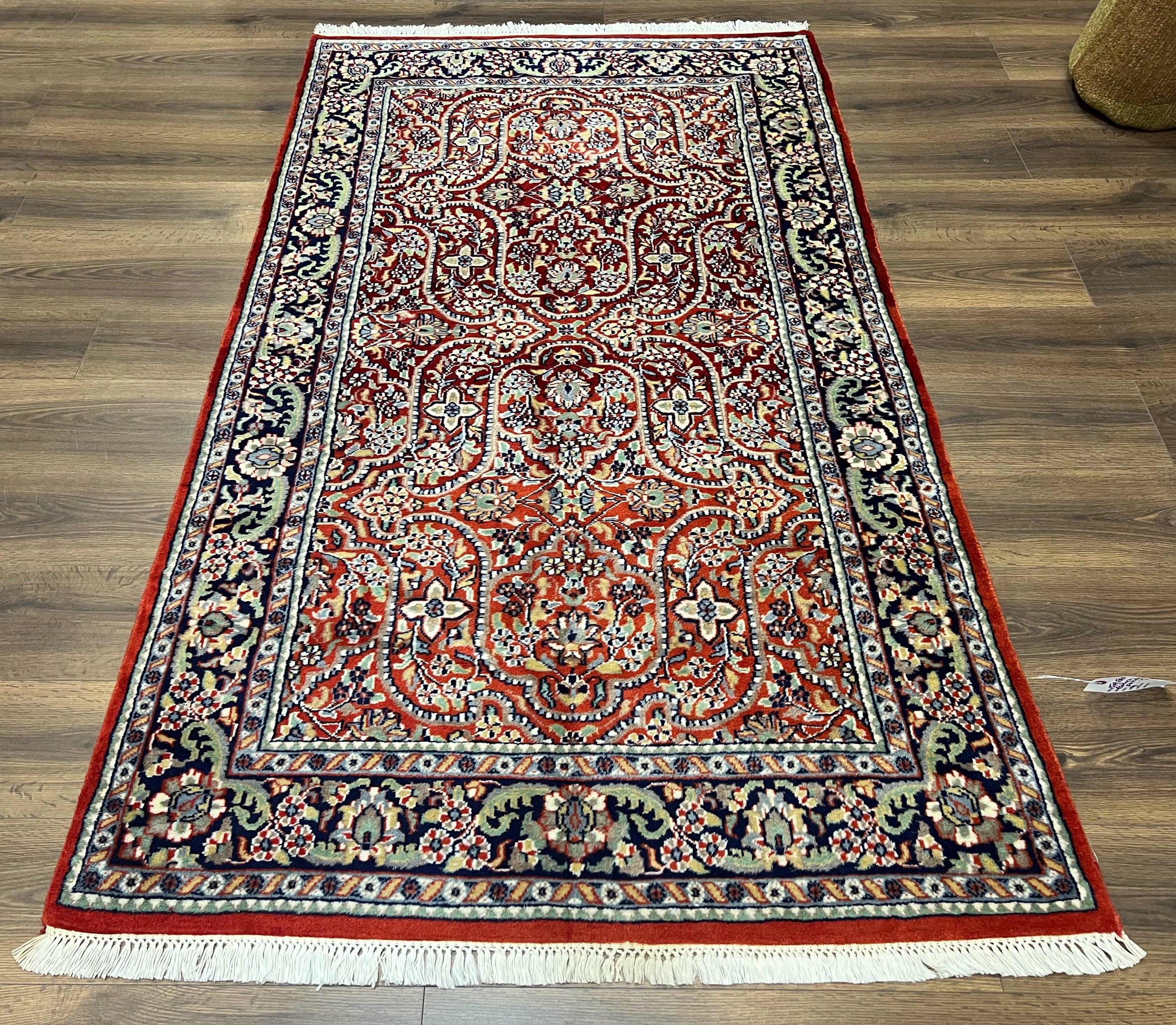 Indo Persian Rug 4x7, Allover Floral Oriental Carpet, Red and Navy Blue, Hand Knotted Indian Kashmiri Traditional Vintage Area Rug 4 x 7 ft - Jewel Rugs