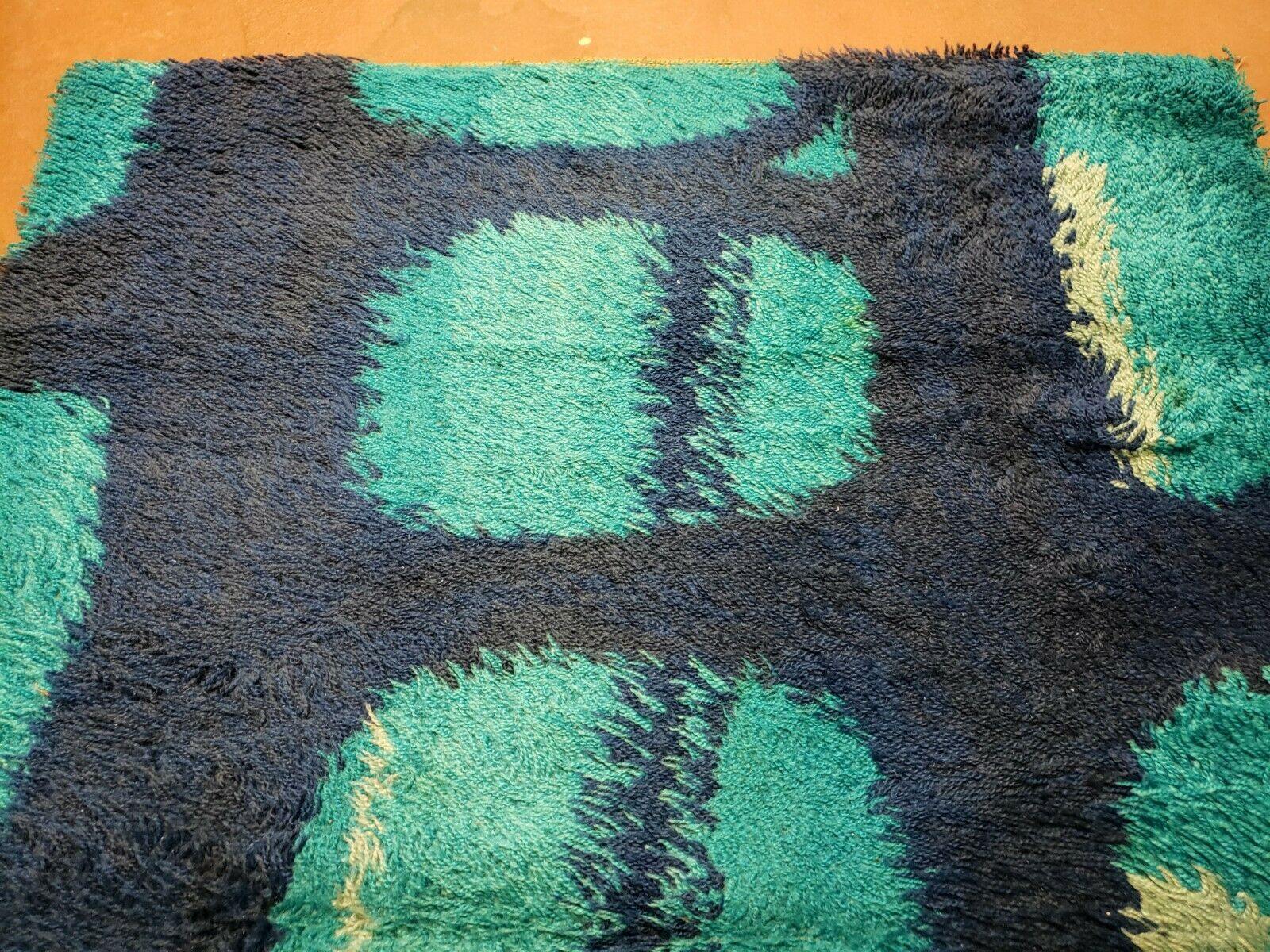 3' 3" X 5' 2" Vintage Danish Rya Shag DeLuxe Ege Rug Mid-Century Modern Blue - Jewel Rugs