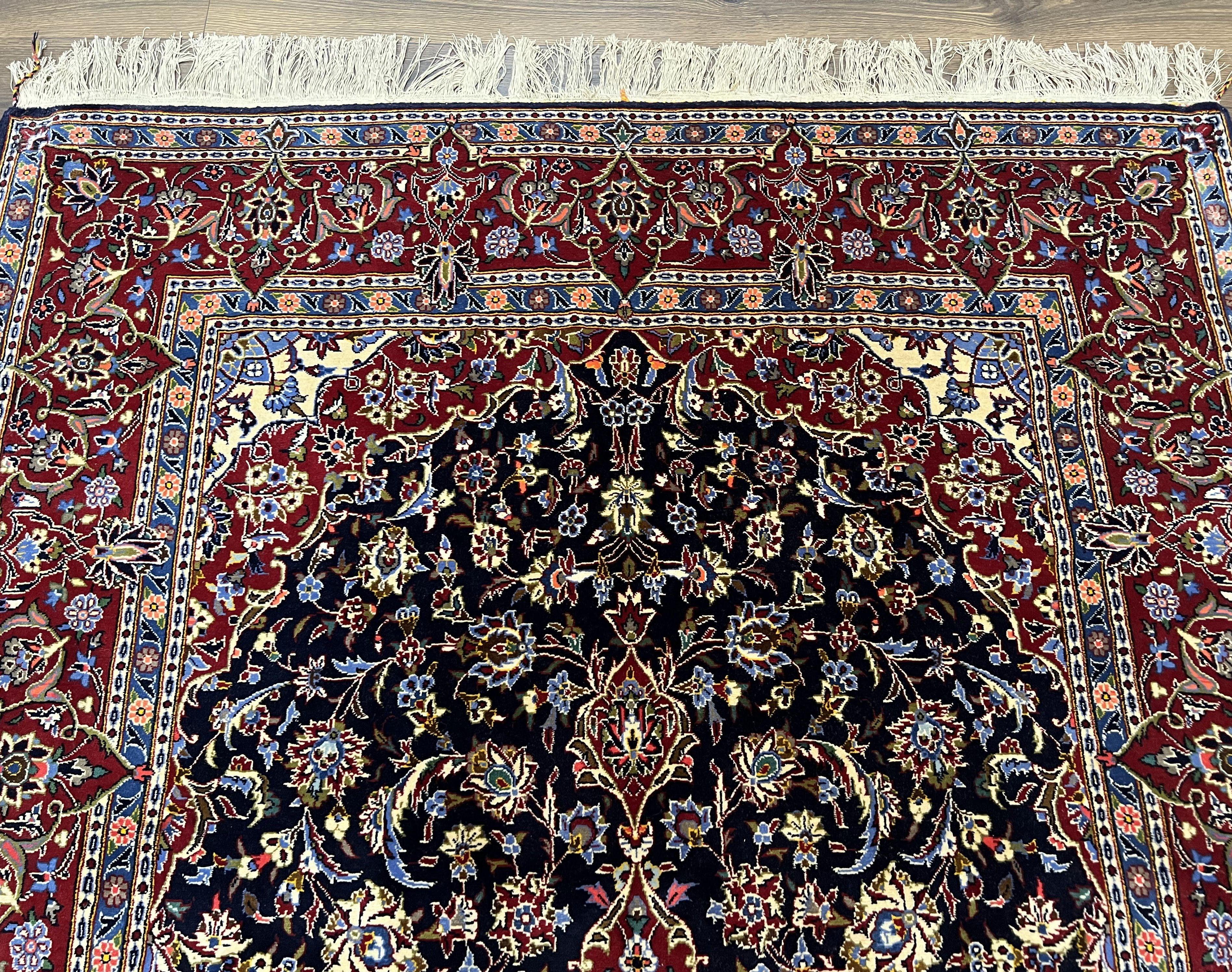 Dark Blue Persian Rug 5x8, Kork Wool Semi Antique Kashan Carpet, Very Fine Lachak Toranj Rug, Hand Knotted Floral Medallion Rug, 5 x 8 Oriental Rug - Jewel Rugs