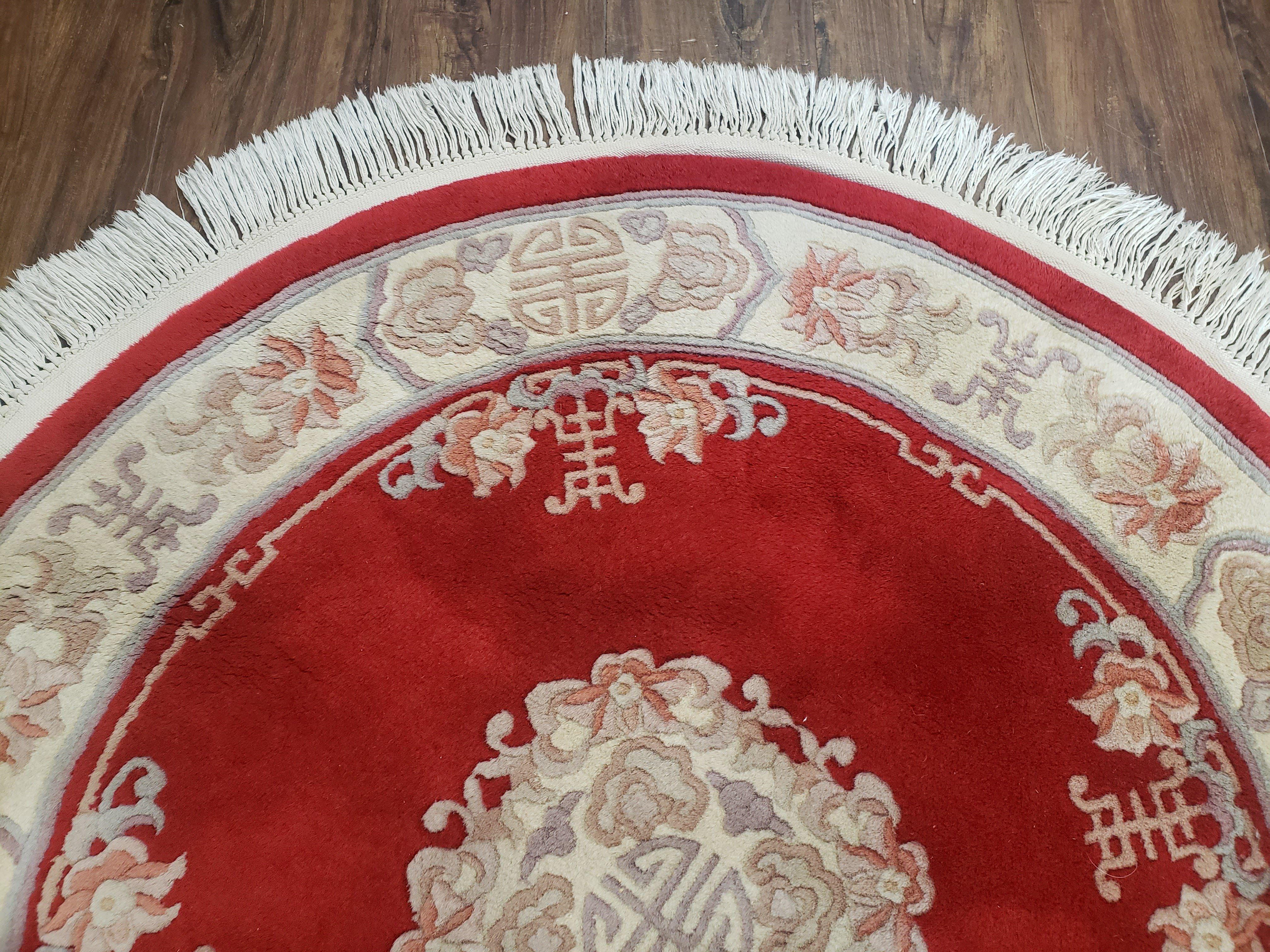 Round Chinese Carving Rug 3.9 x 3.9, Small 90 Line Chinese Circular Carpet, Art Deco Rug, Red and Beige, 4ft Round, Wool Rug Soft Handmade - Jewel Rugs