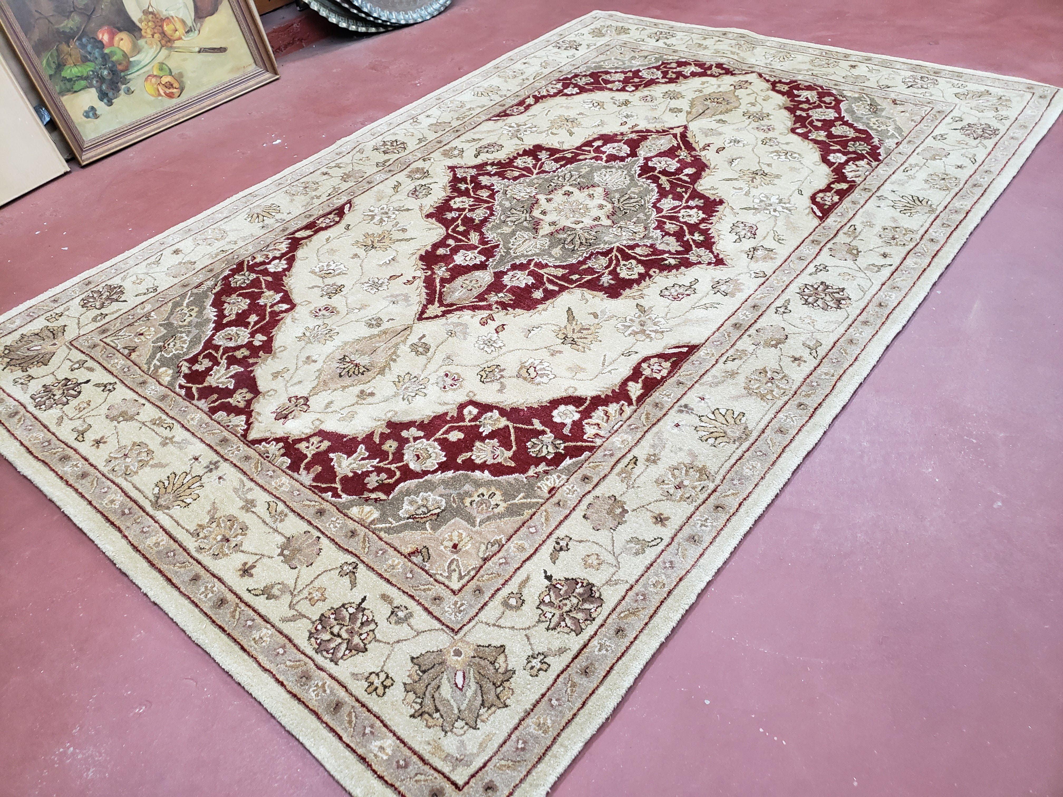 6x9 Oriental Rug, Floral Medallion, Traditional Rug, Beige and Maroon Carpet, 6 x 9 Rug, Medium Size Rug, Wool Rug, Hand Tufted Rug - Jewel Rugs