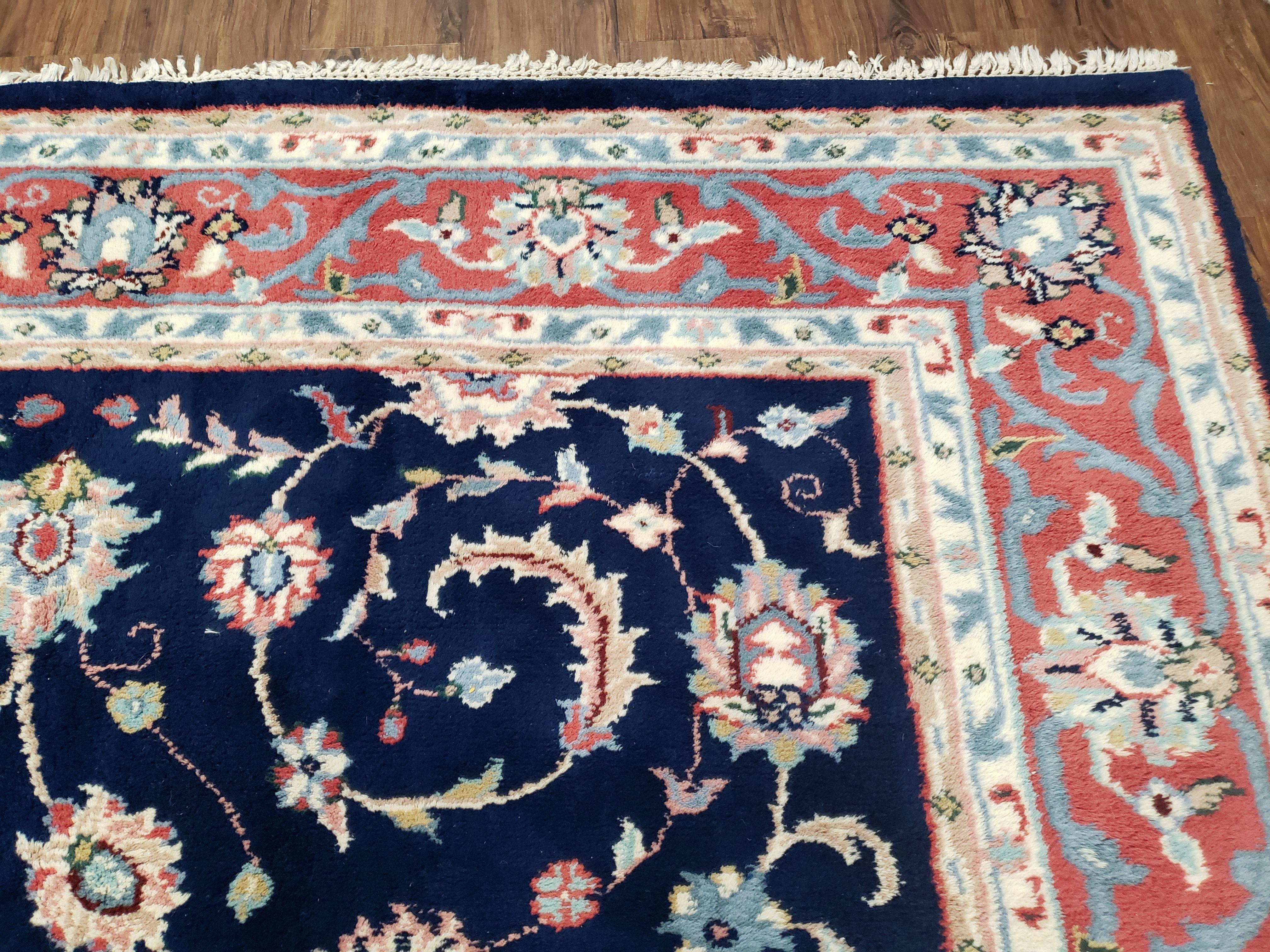 Vintage Indian Rug, Allover Floral Oriental Rug, Hand-Knotted, Wool, Dark Blue & Red, Indo Persian Rug, Allover Pattern, 8x11 Rug - Jewel Rugs