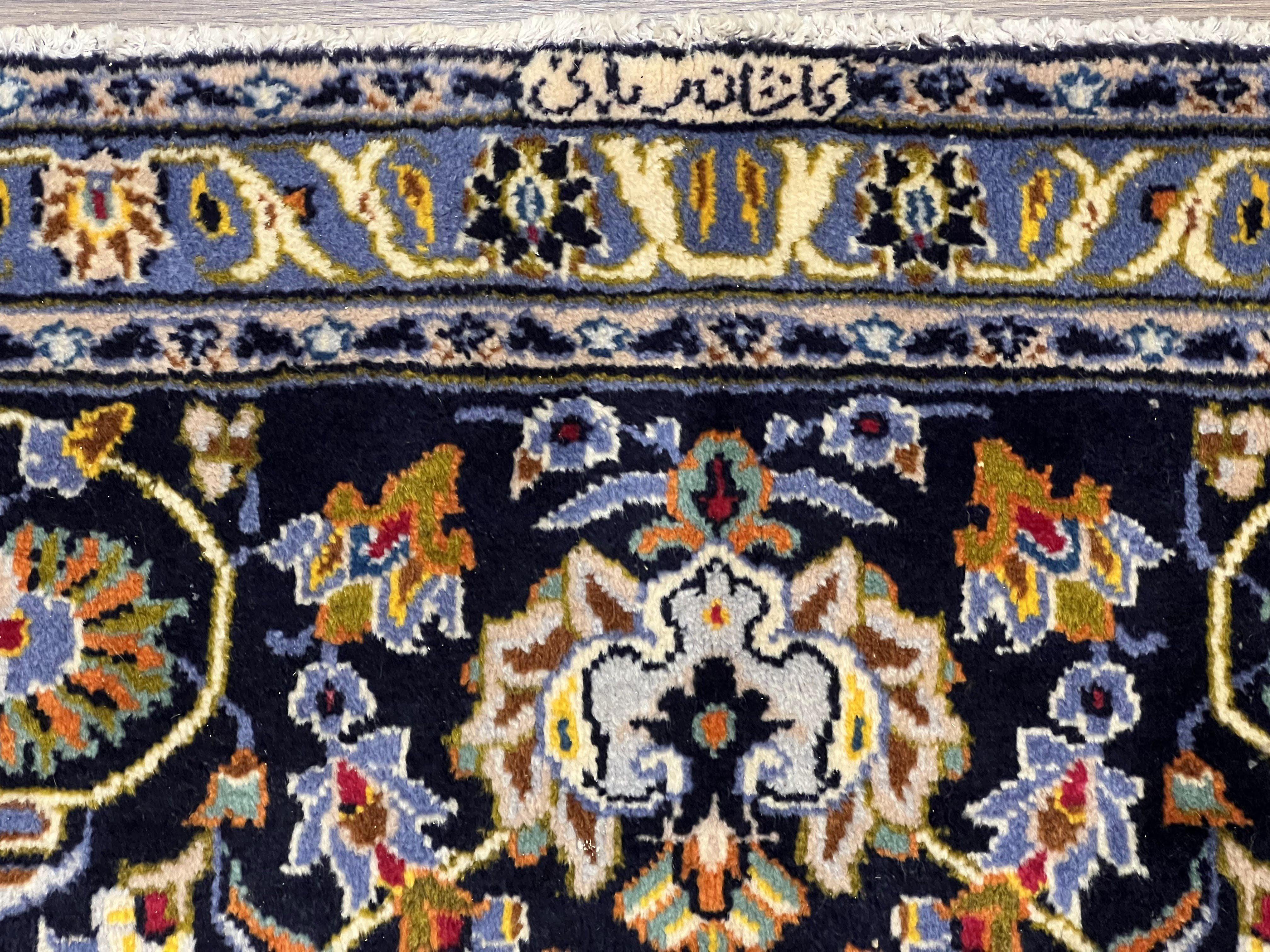 Wonderful Navy Blue Persian Kashan Rug 11x13, Allover Floral Design with Central Medallion, Wool Hand-Knotted Antique Carpet, Signed Rabani Rug - Jewel Rugs