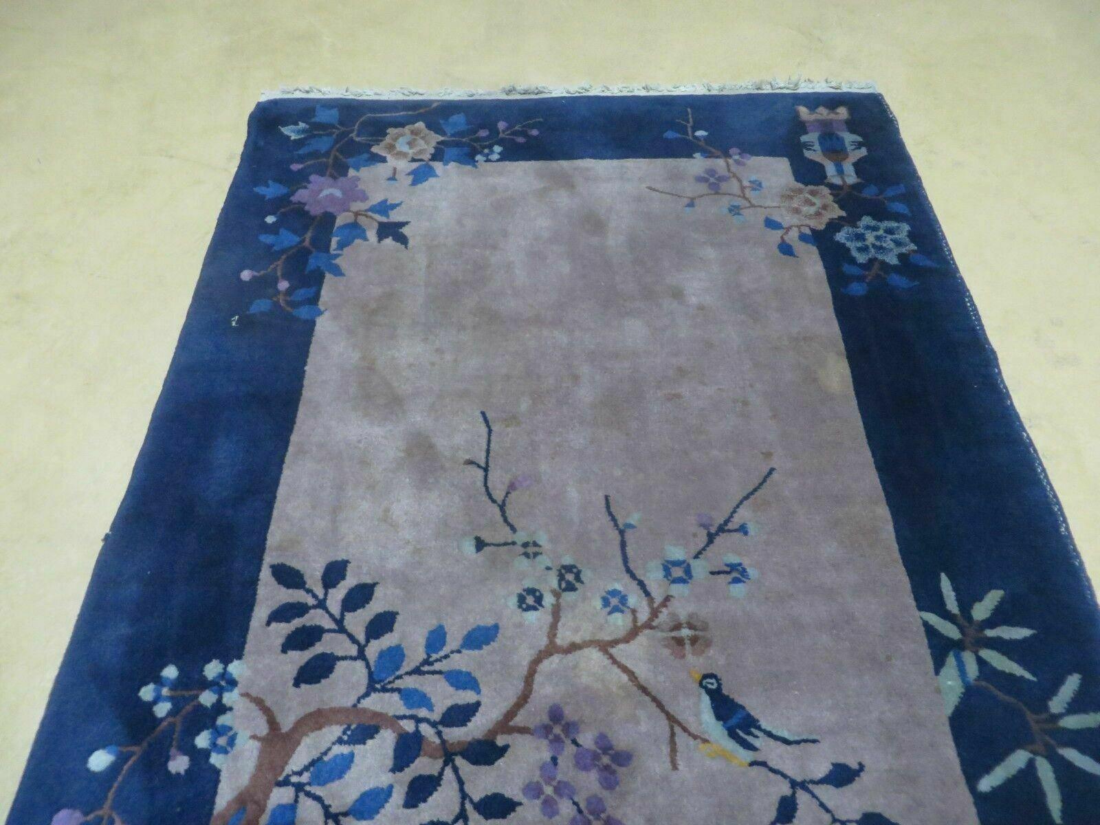 3' X 6' Antique Handmade Chinese Peking Art Deco Wool Blue & Gray Rug with Flowers - Jewel Rugs