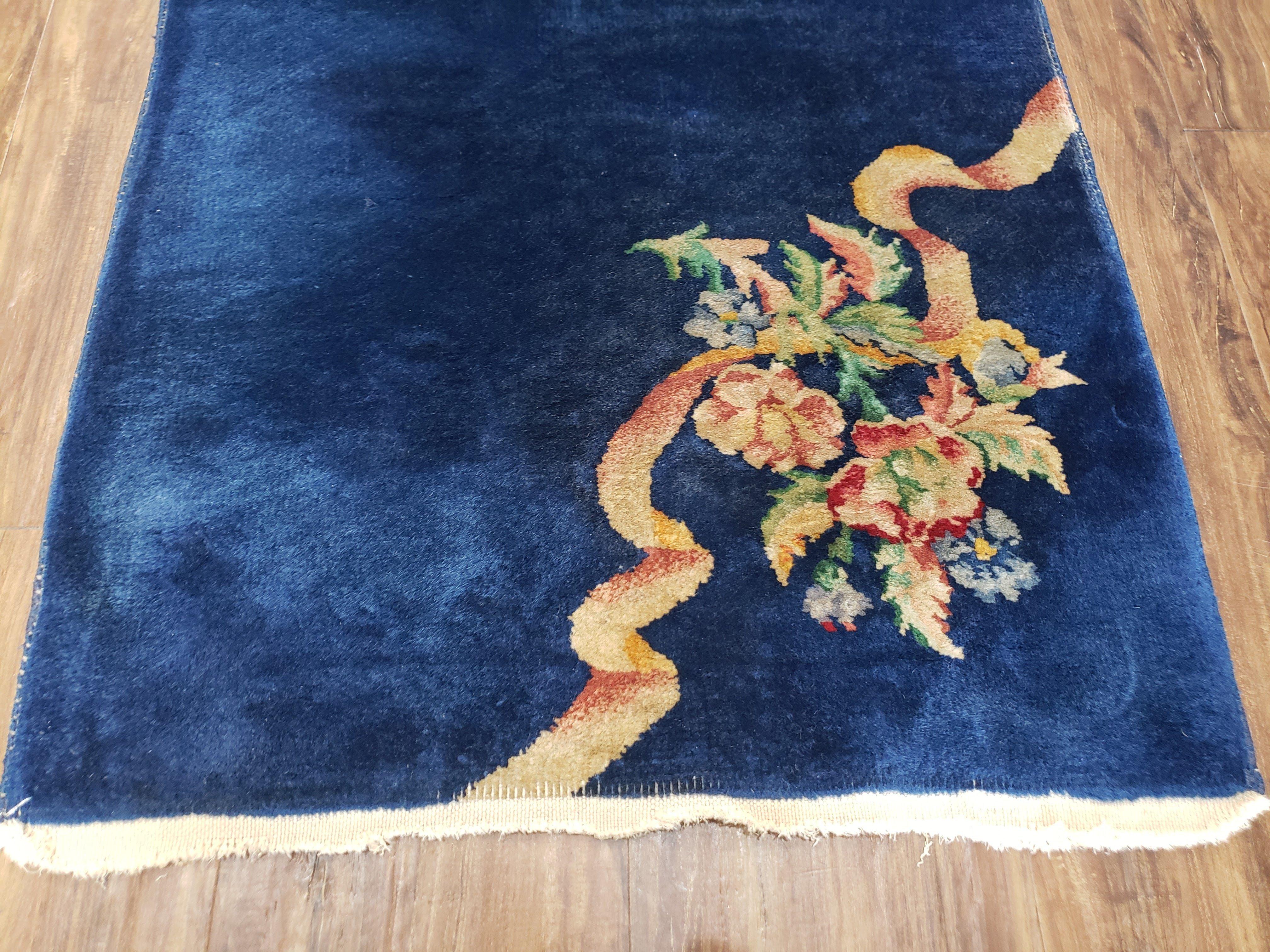 Antique Chinese Art Deco Accent Rug, Blue Art Deco Carpet, Small Chinese Rug, Flowers, Hand Knotted, Pair B, 2x4 Rug, Wool Rug Vintage Asian - Jewel Rugs