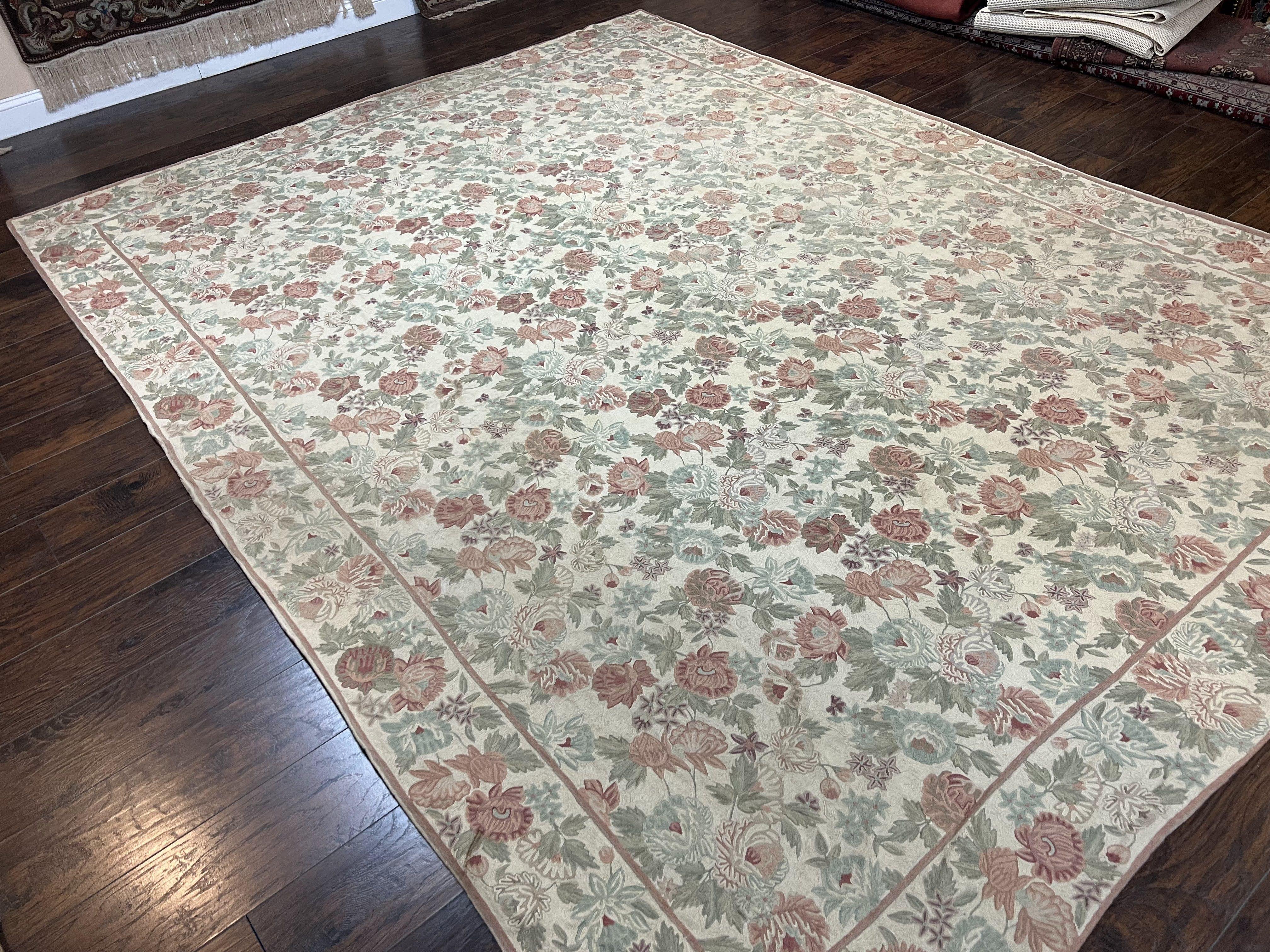 Indian Hand Stitched Rug 9x12, Floral Allover, Vintage Chain Stitched Wool Carpet, Cream Rose Pink Green, Large Flatweave Area Rug 9 x 12 ft - Jewel Rugs