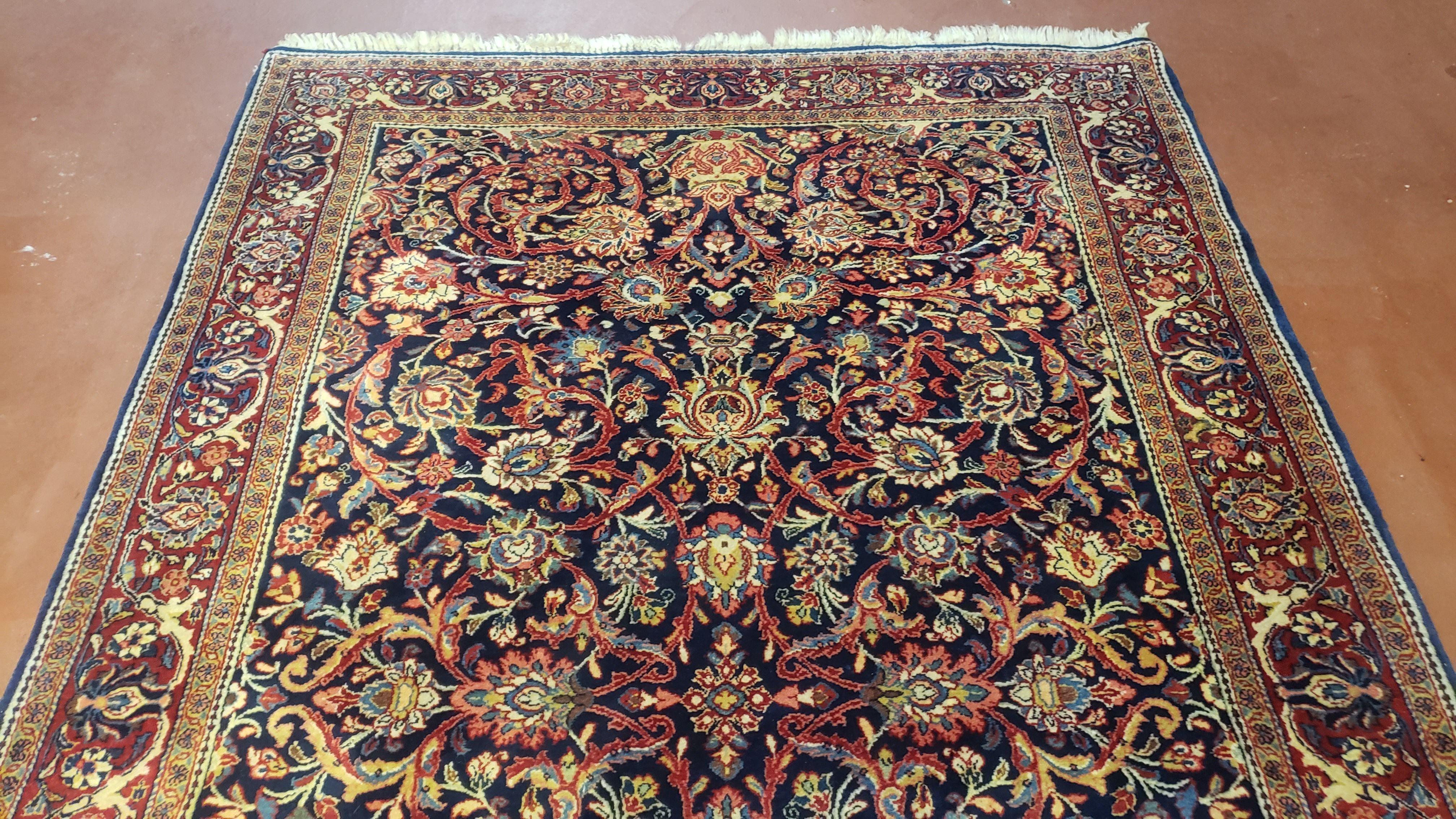 Vintage Persian Kashan Rug, Hand-Knotted, Wool, Dark Blue and Dark Red, 4' 4" x 6' 9" - Jewel Rugs