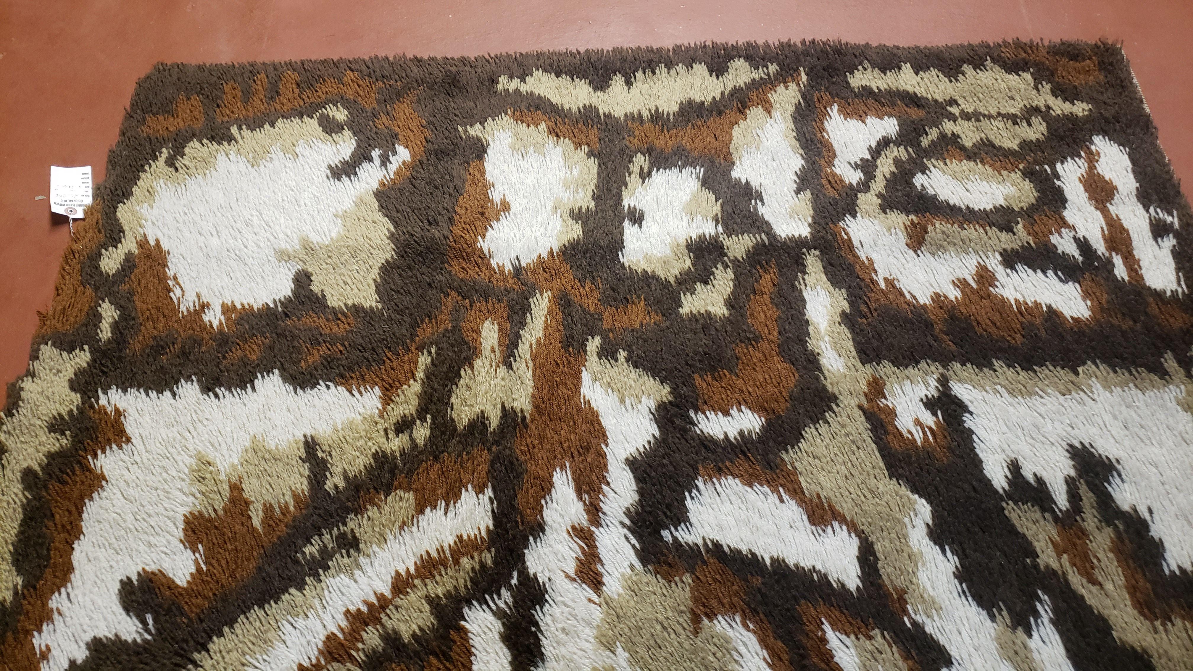 4.7 x 6.7 Rya Rug Danish Mid-Century Shag Rug Modern Abstract 1960s Carpet Brown Cream Tan Beige Area Rug 4x7 5x7 4x6 5x6 - Jewel Rugs