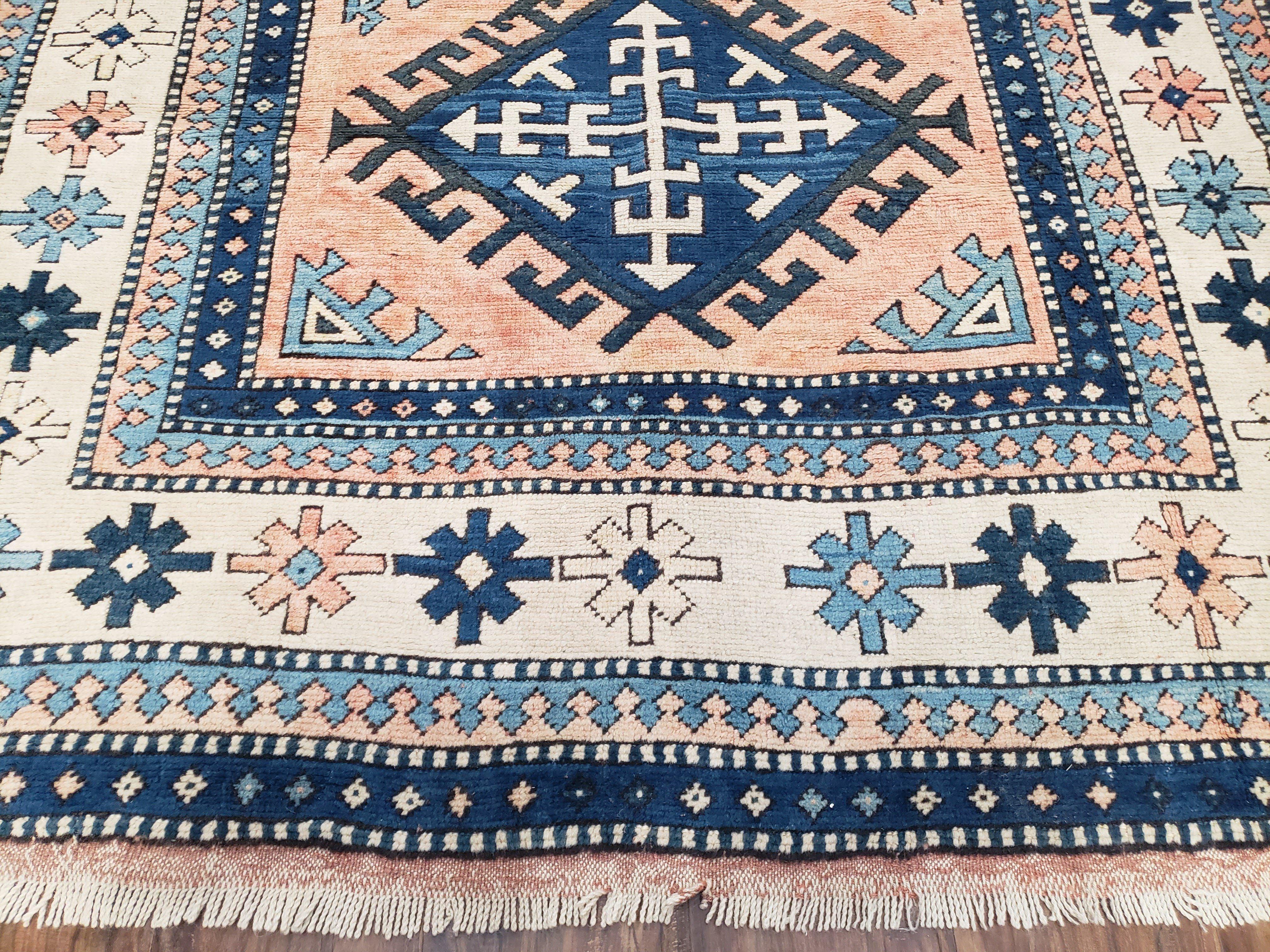 Turkish Kazak Rug 5x8 ft, Bold Geometric Bohemian Carpet, Blue and Ivory Hand Knotted Area Rug, Medium Sized High Quality Wool Oriental Rug - Jewel Rugs